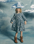 Madeline Blouson Sleeve Dress-Sapphire Blue Floral Bird