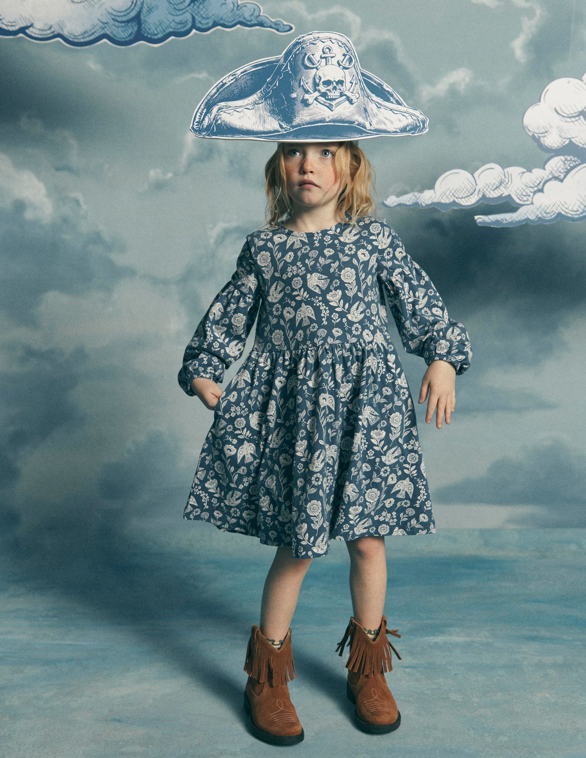 Madeline Blouson Sleeve Dress-Sapphire Blue Floral Bird-1
