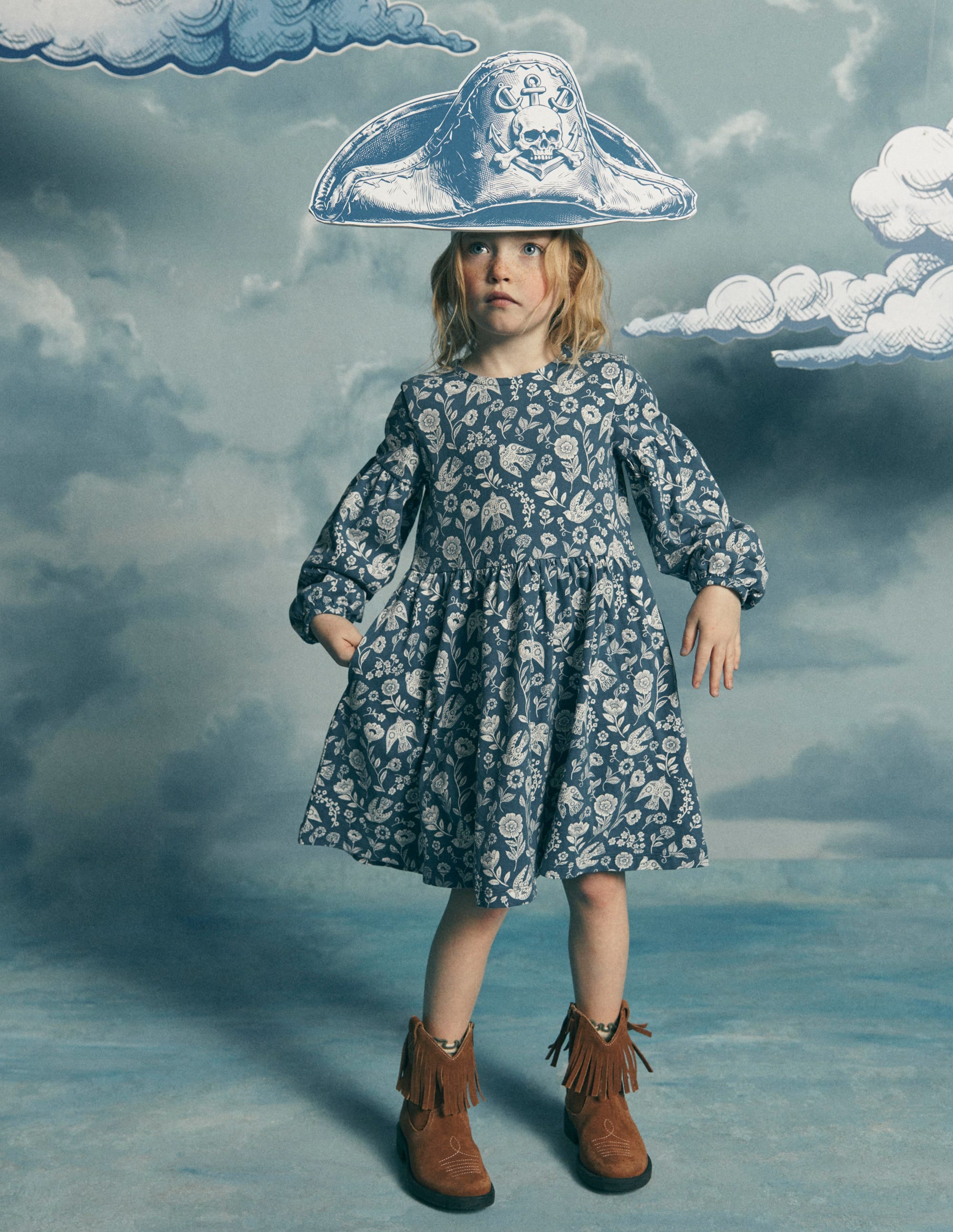 Madeline Blouson Sleeve Dress-Sapphire Blue Floral Bird - Image 1