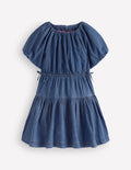 Bow Waist Woven Dress-Mid Vintage Denim