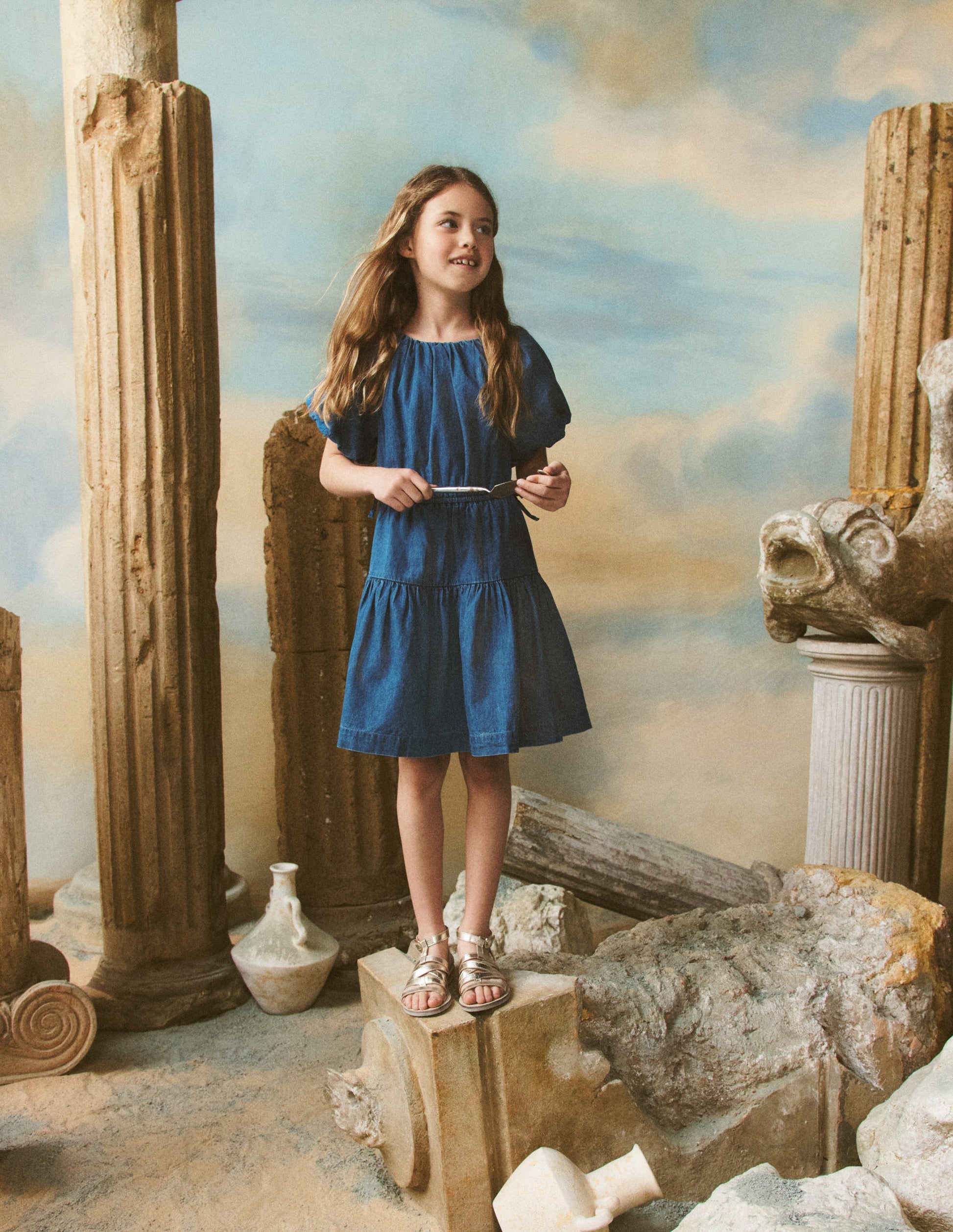 Bow Waist Woven Dress-Mid Vintage Denim-4