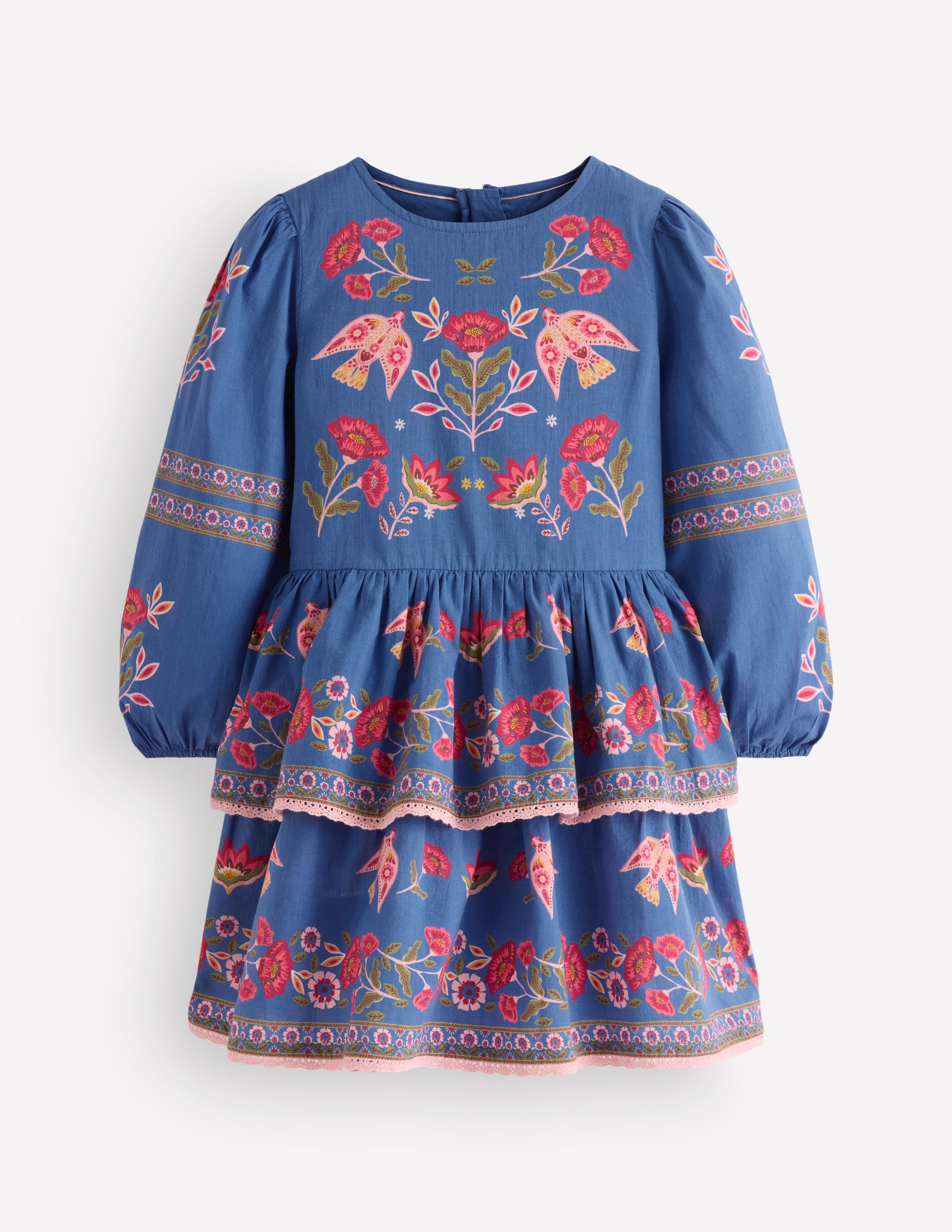 Printed Tiered Woven Dress-Blue Birds Placement-2
