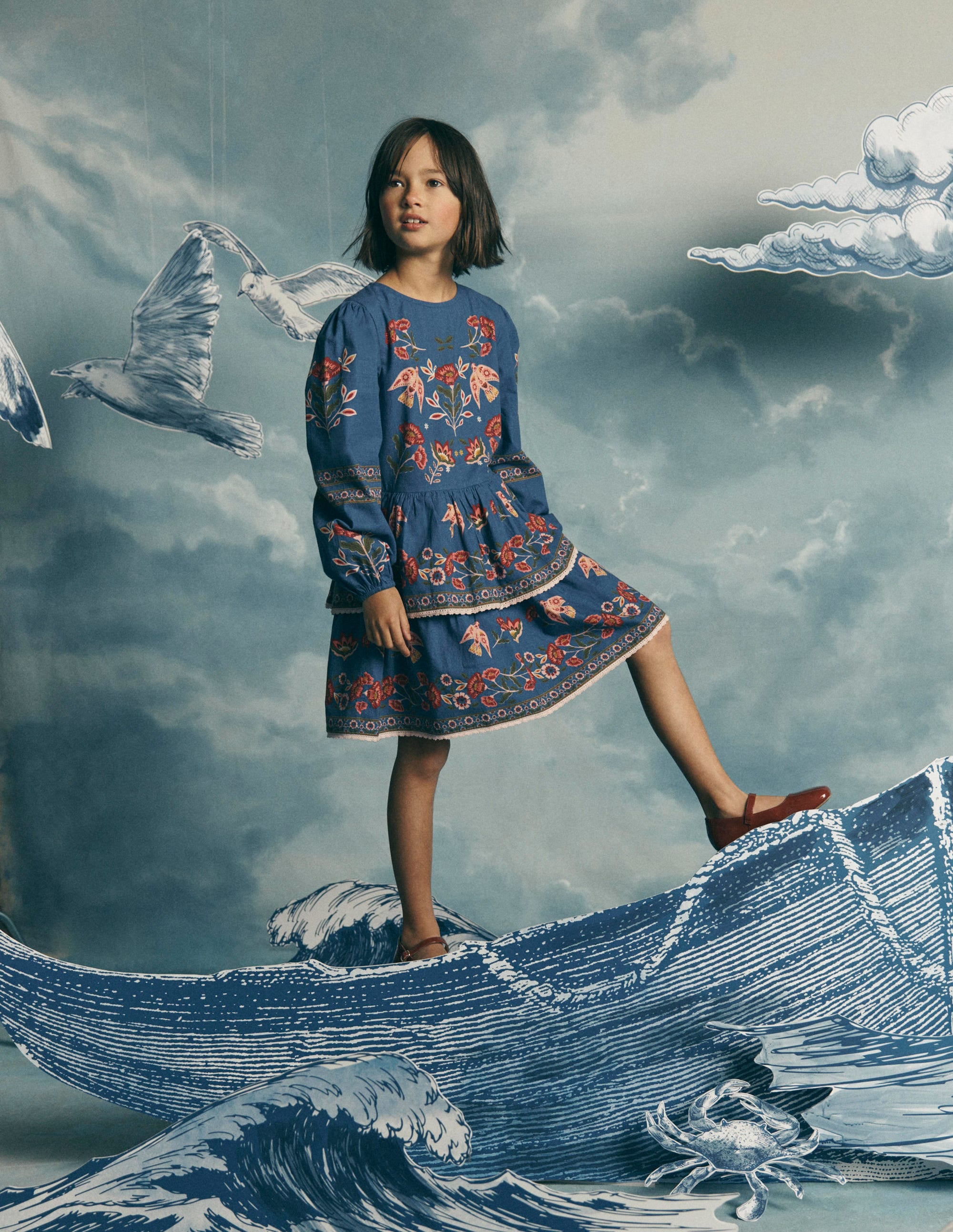 Printed Tiered Woven Dress-Blue Birds Placement - Image 1