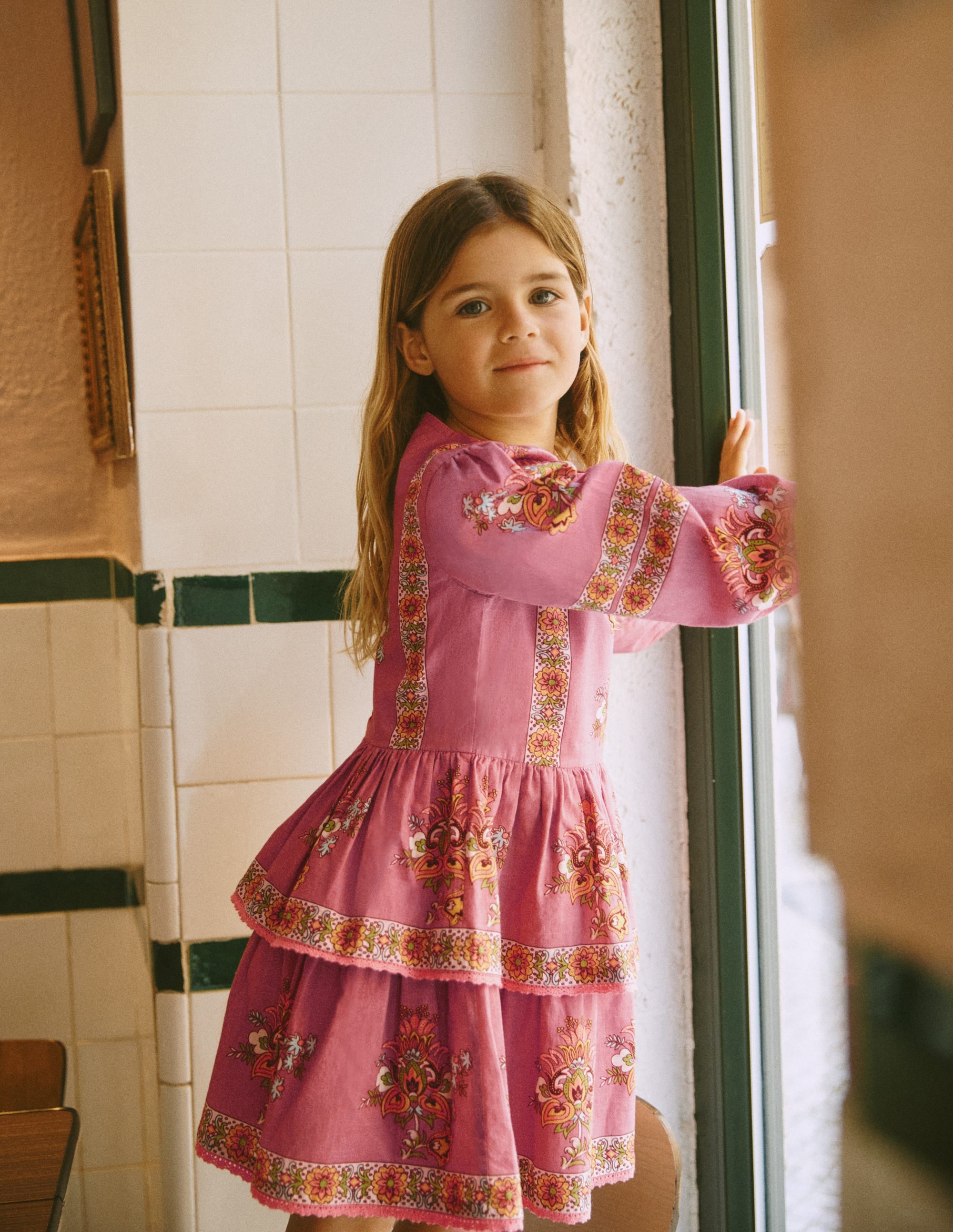 Gathered Waist Rara Dress-Pink Floral Placement - Image 1