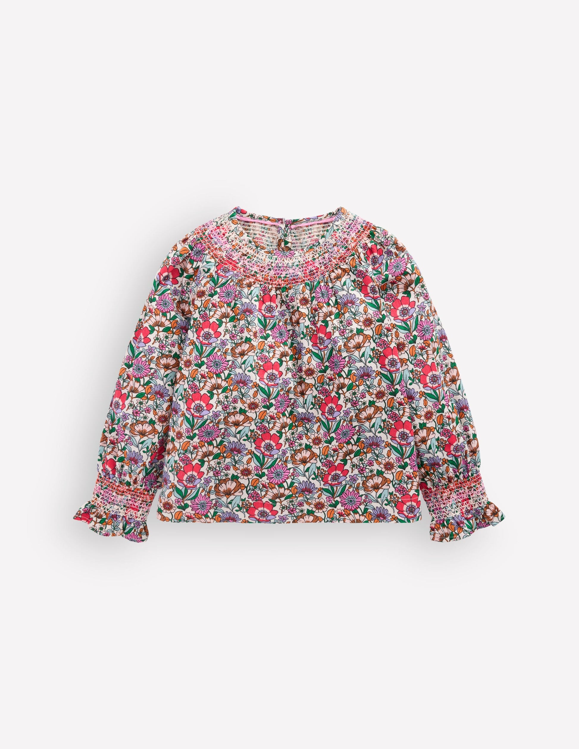 Smocked Printed Blouse-Soft Cream Floral Field-2