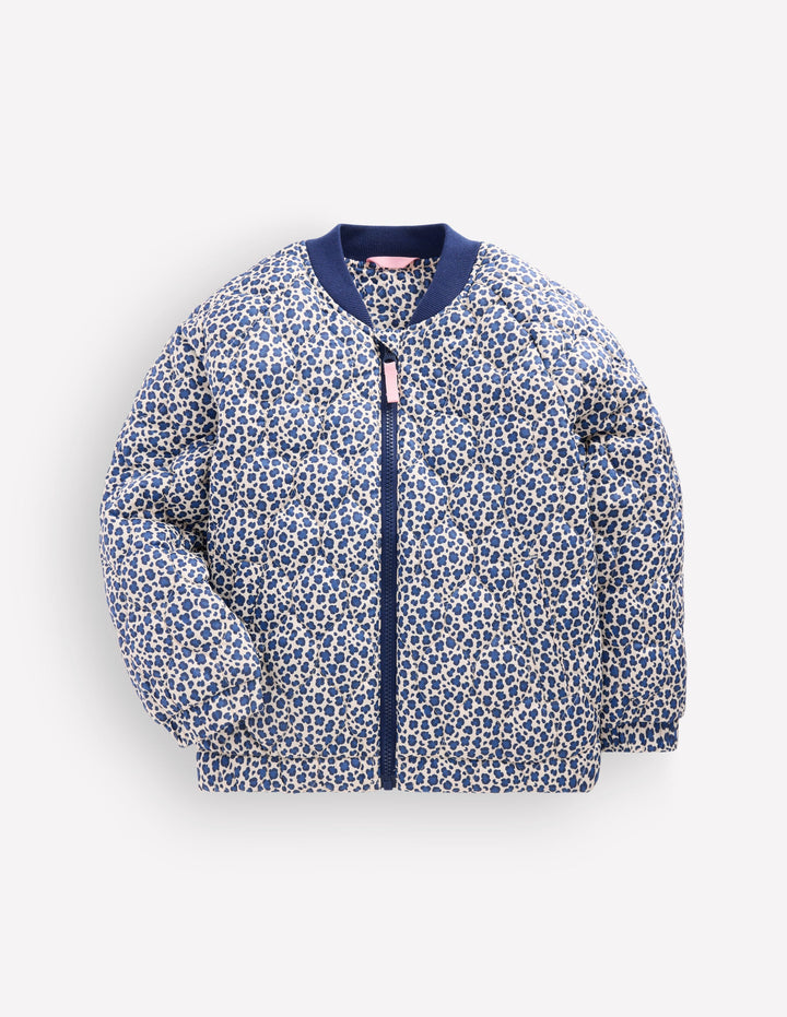 Quilted Bomber Jacket-Calico White/ Blue Leopard