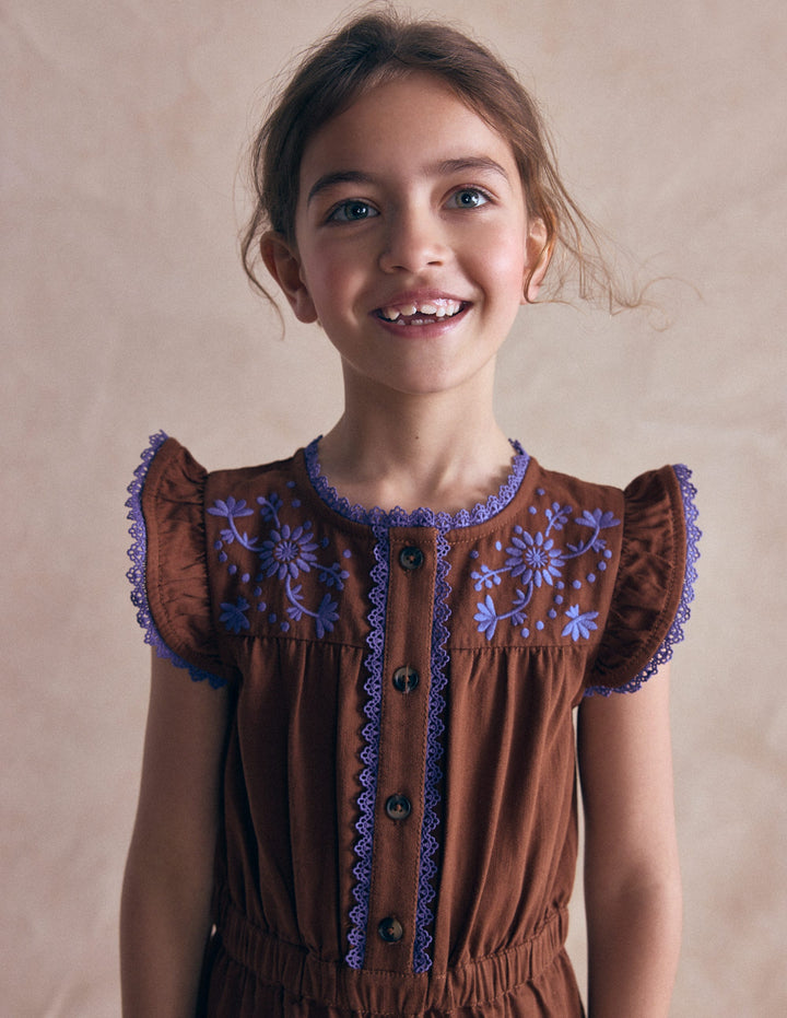 Flutter Sleeve Denim Jumpsuit-Brown Embroidery