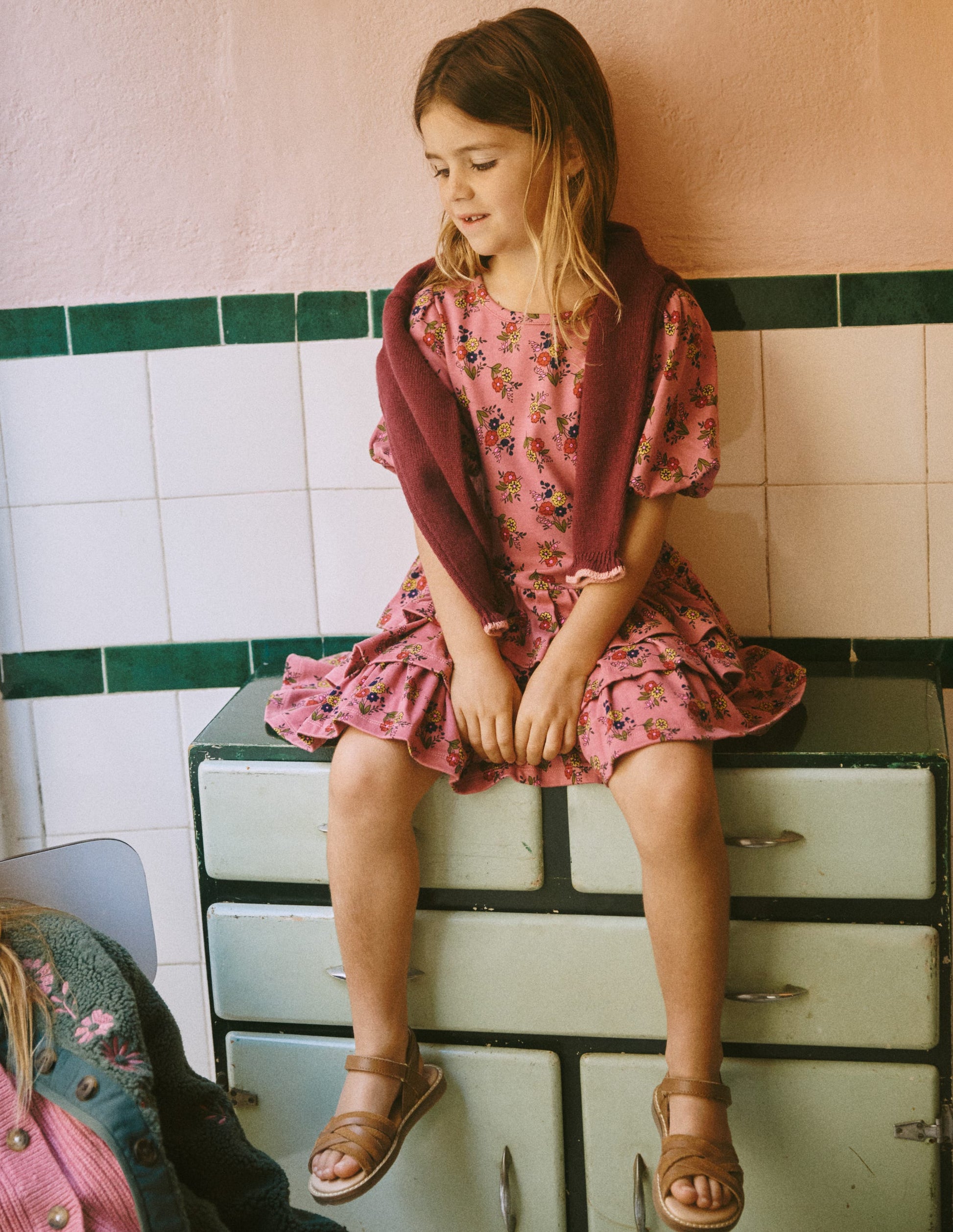 Ruffle Skirt Jersey Dress-Formica Pink Floral Bunches-4