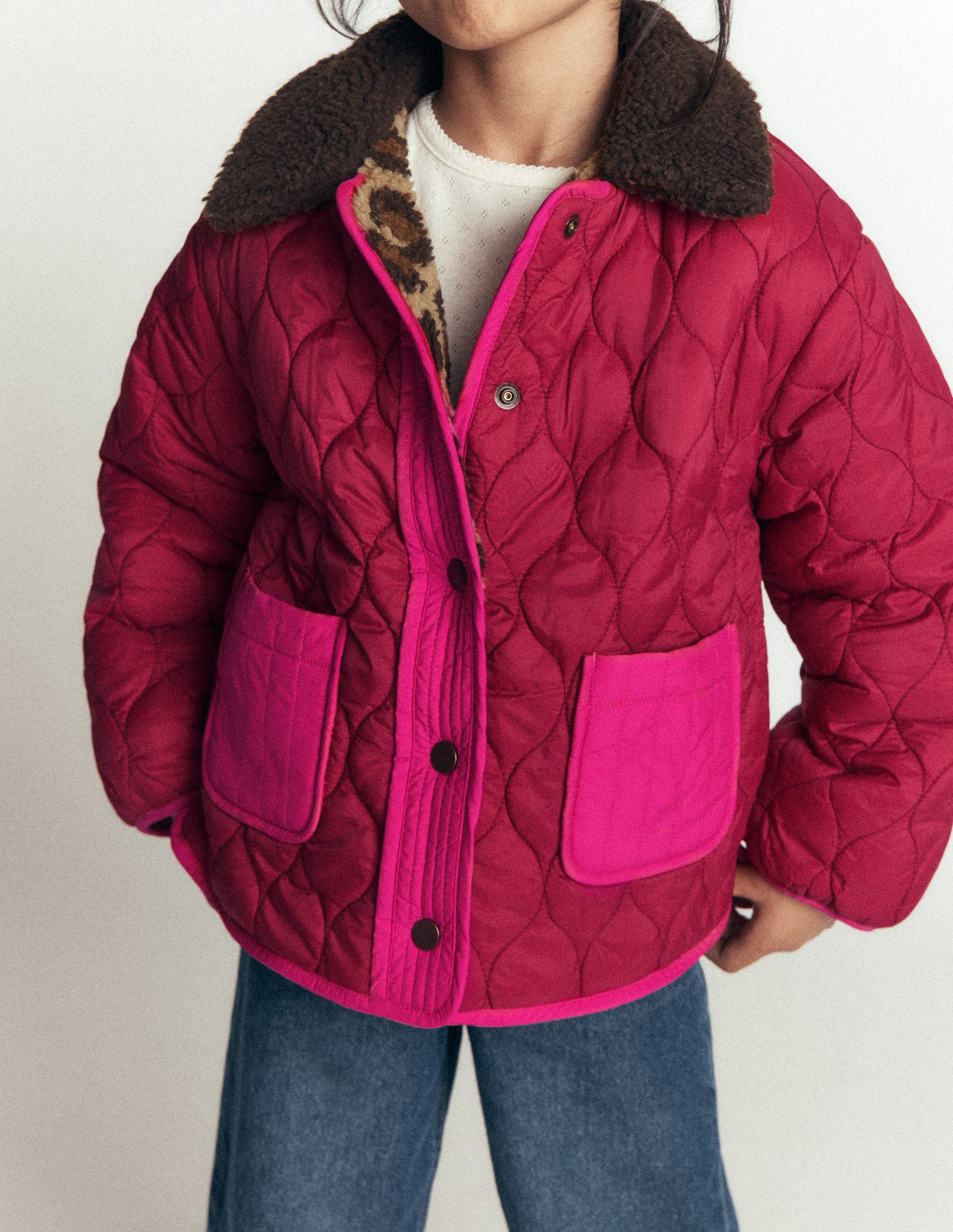 Reversible Borg Quilted Jacket-Leopard Multi-1