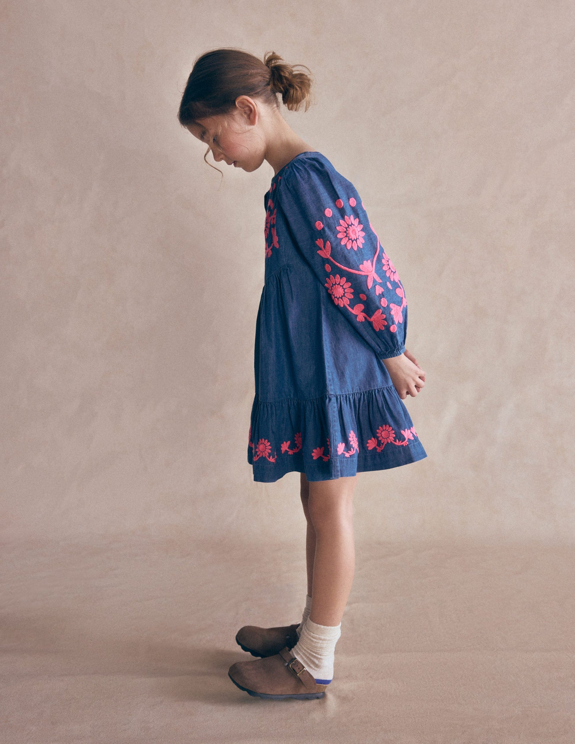 Celia Wing Sleeve Dress-Denim Pink Embroidery-1