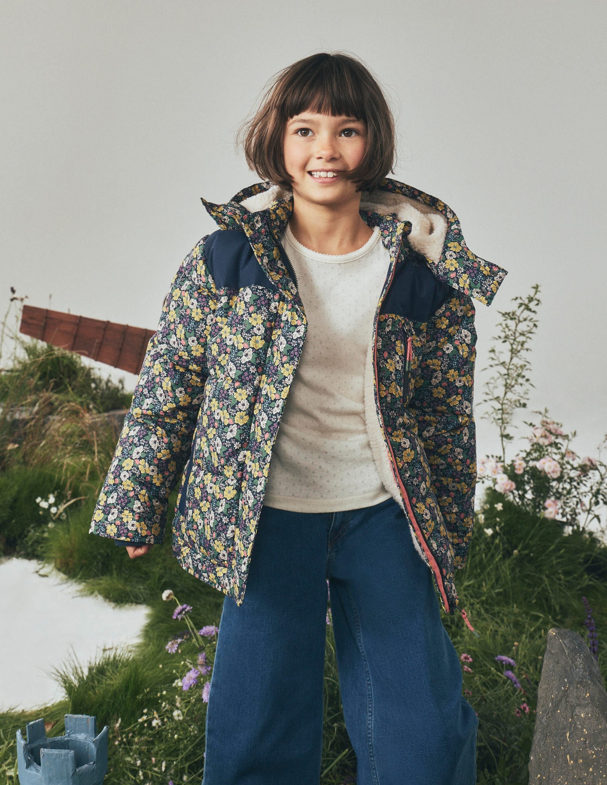Borg Lined Puffer Coat-French Navy Mixed Flowerbed - Image 2