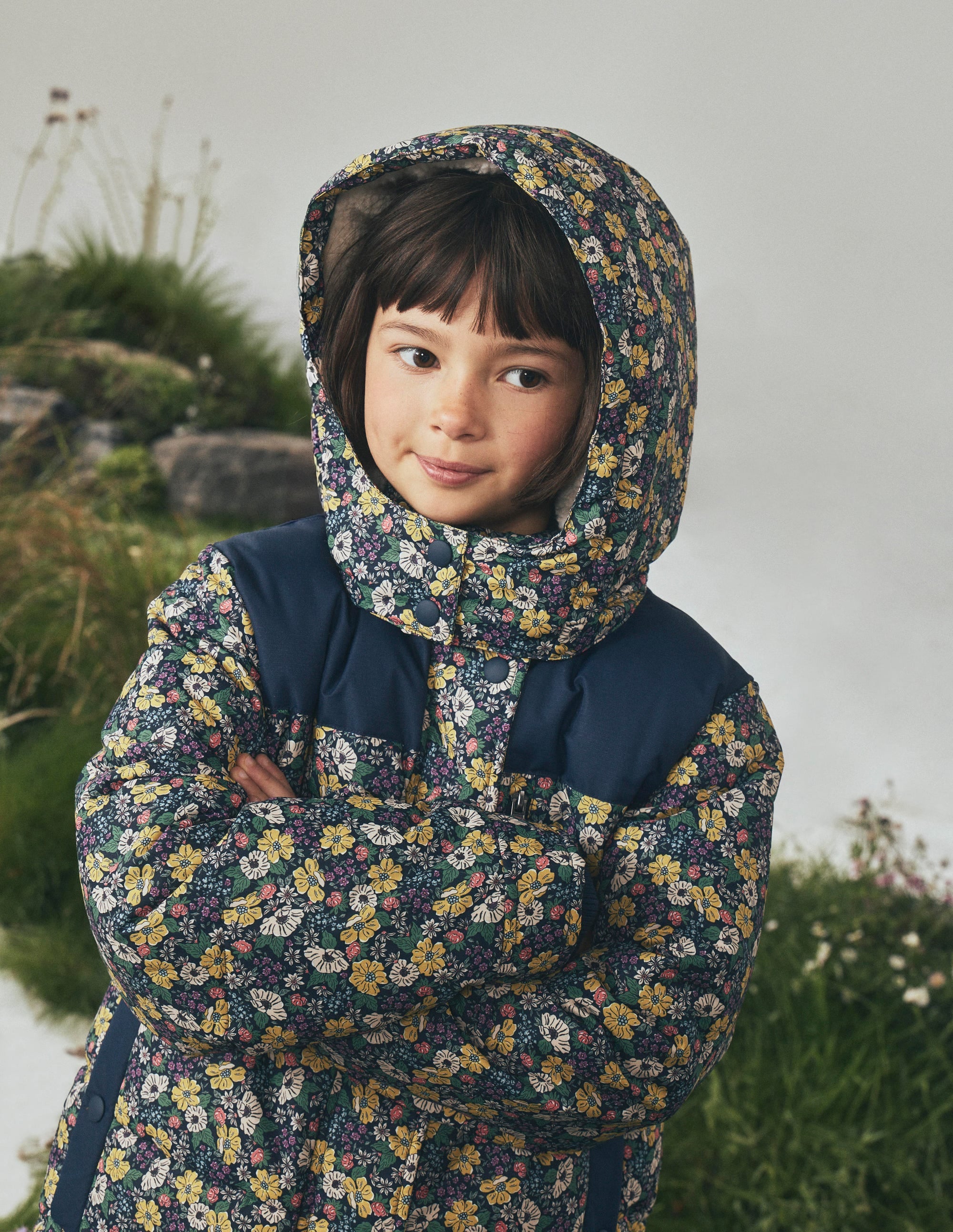 Borg Lined Puffer Coat-French Navy Mixed Flowerbed - Image 1