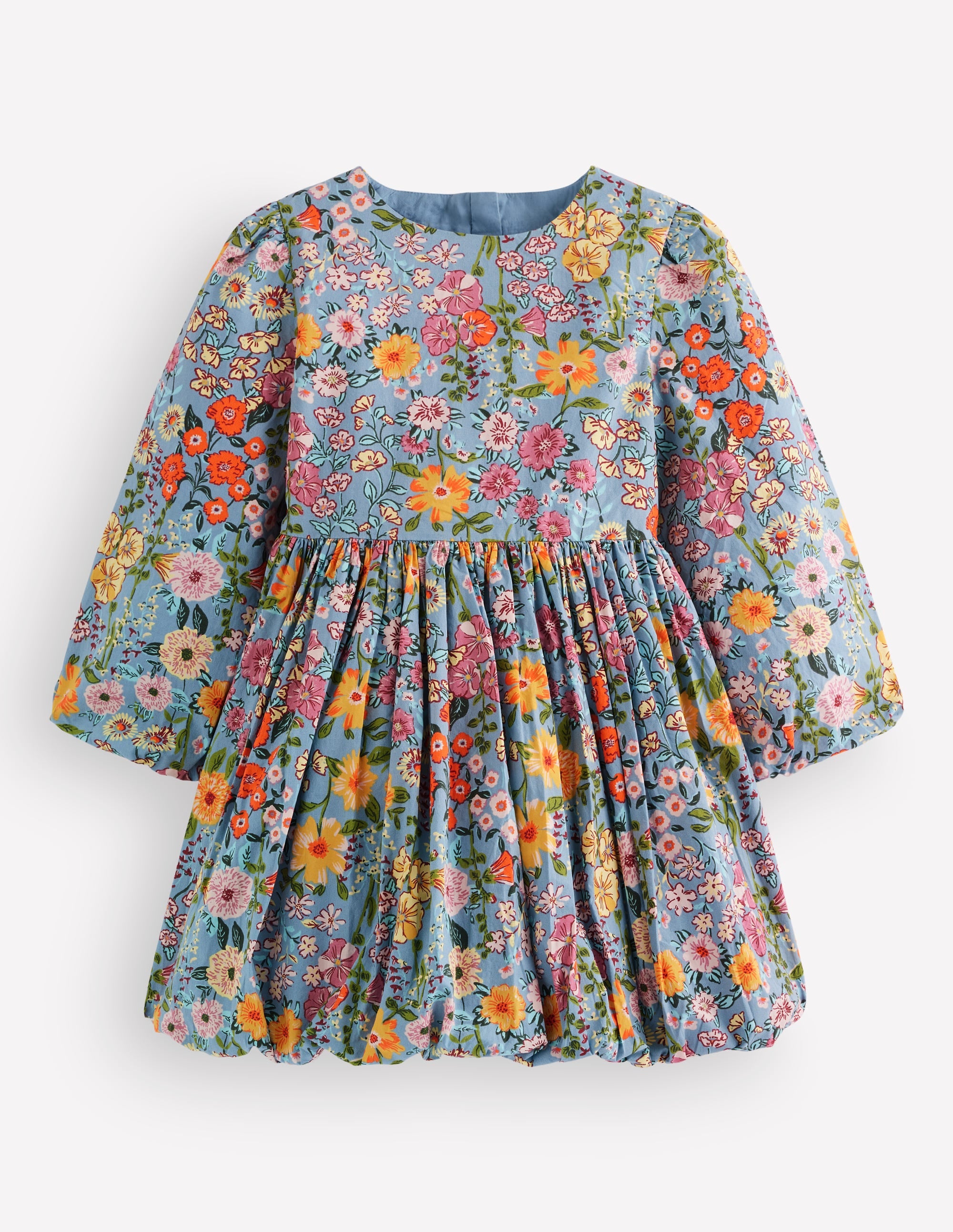 Long Sleeve Bubble Hem Dress-Blue Multi Floral - Image 1