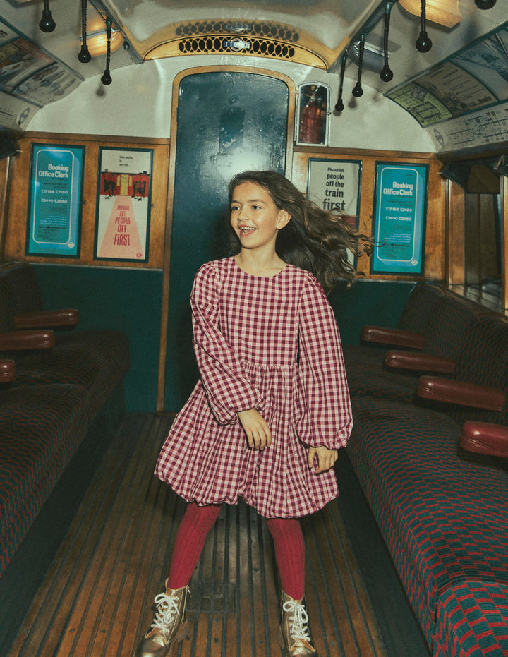 Long Sleeve Bubble Hem Dress-Red Check
