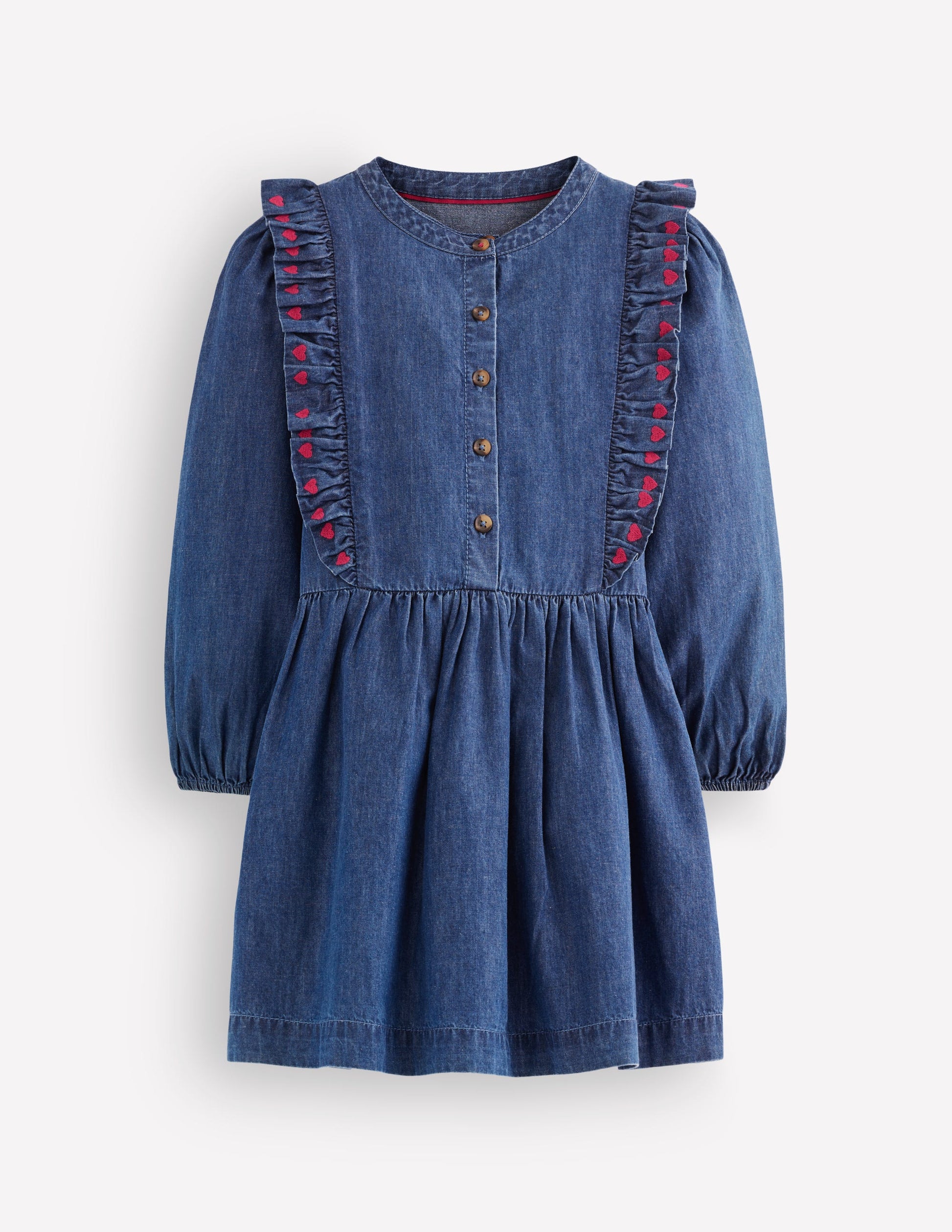 Winnie Frill Trim Shirt Dress-Denim Heart Embroidery-1