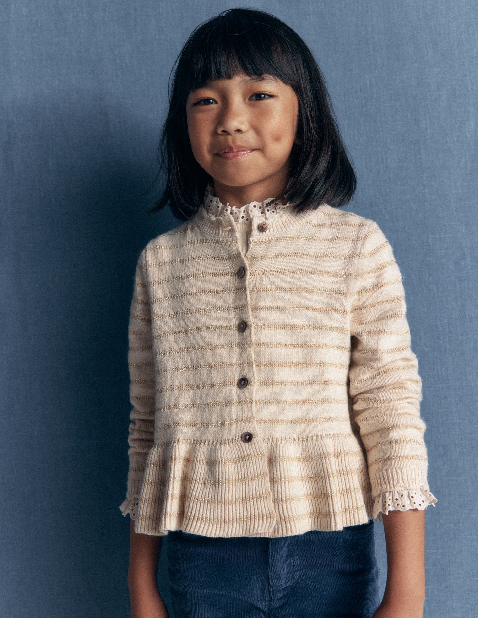 Pretty Peplum Cardigan-Oatmeal Marl Sparkle Stripe - Image 1