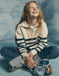 Zip Up Neck Jumper-Ecru Marl / Navy