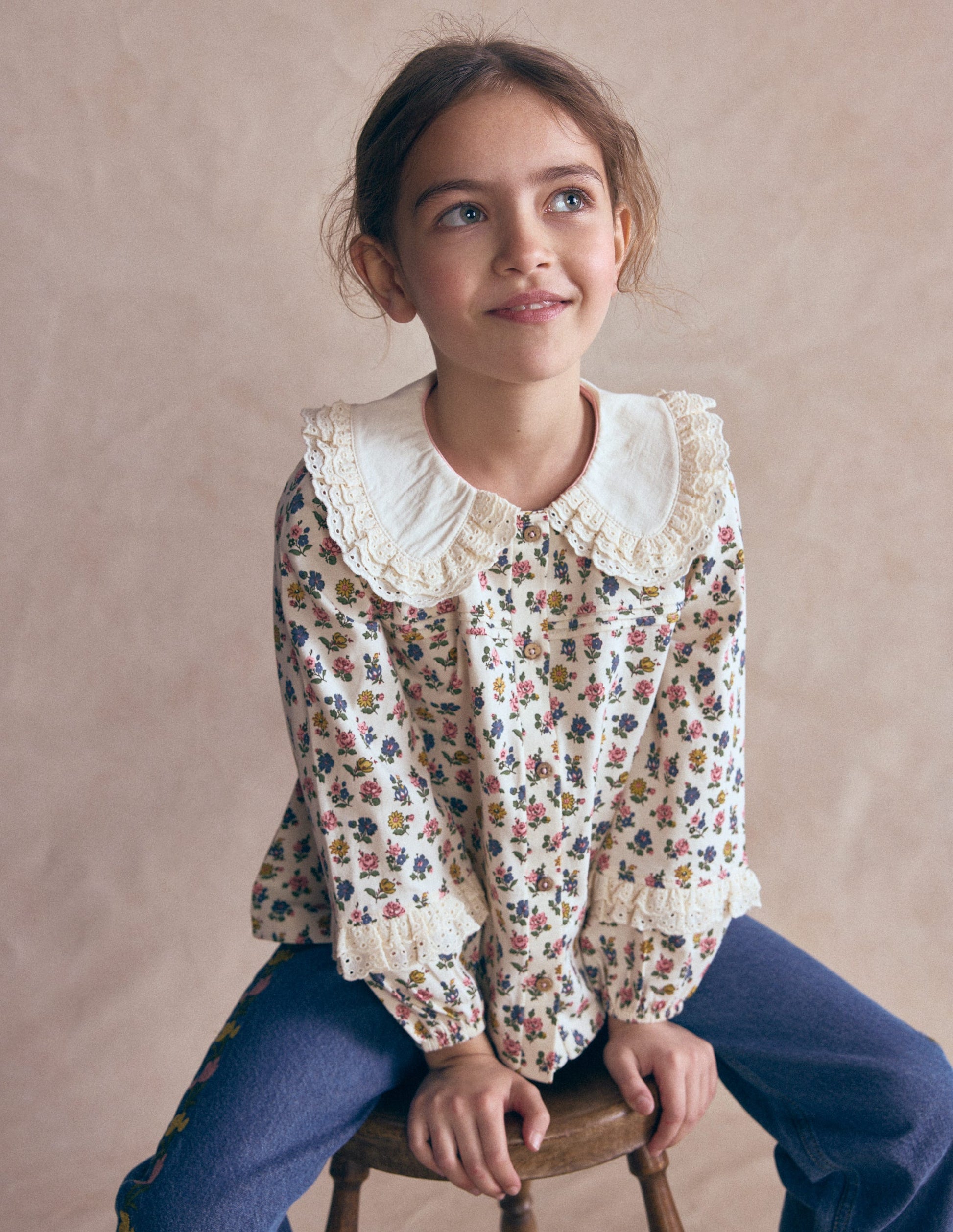 Broderie Collar Jersey Top-Vanilla White Floral-1
