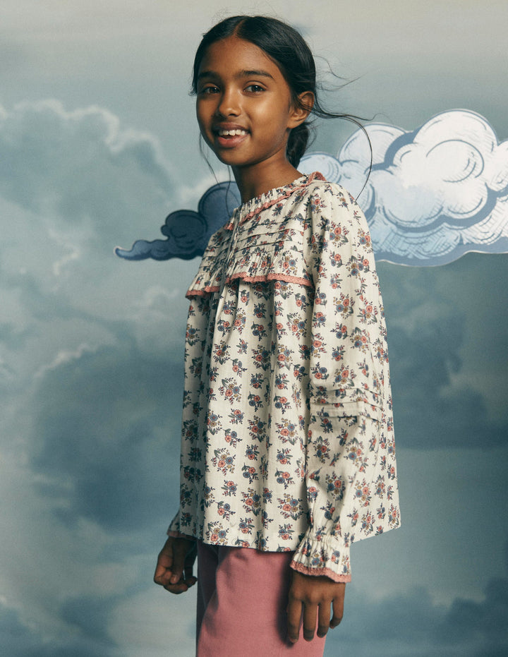 Frill Button Through Woven Top-Soft Cream Floral Trellis