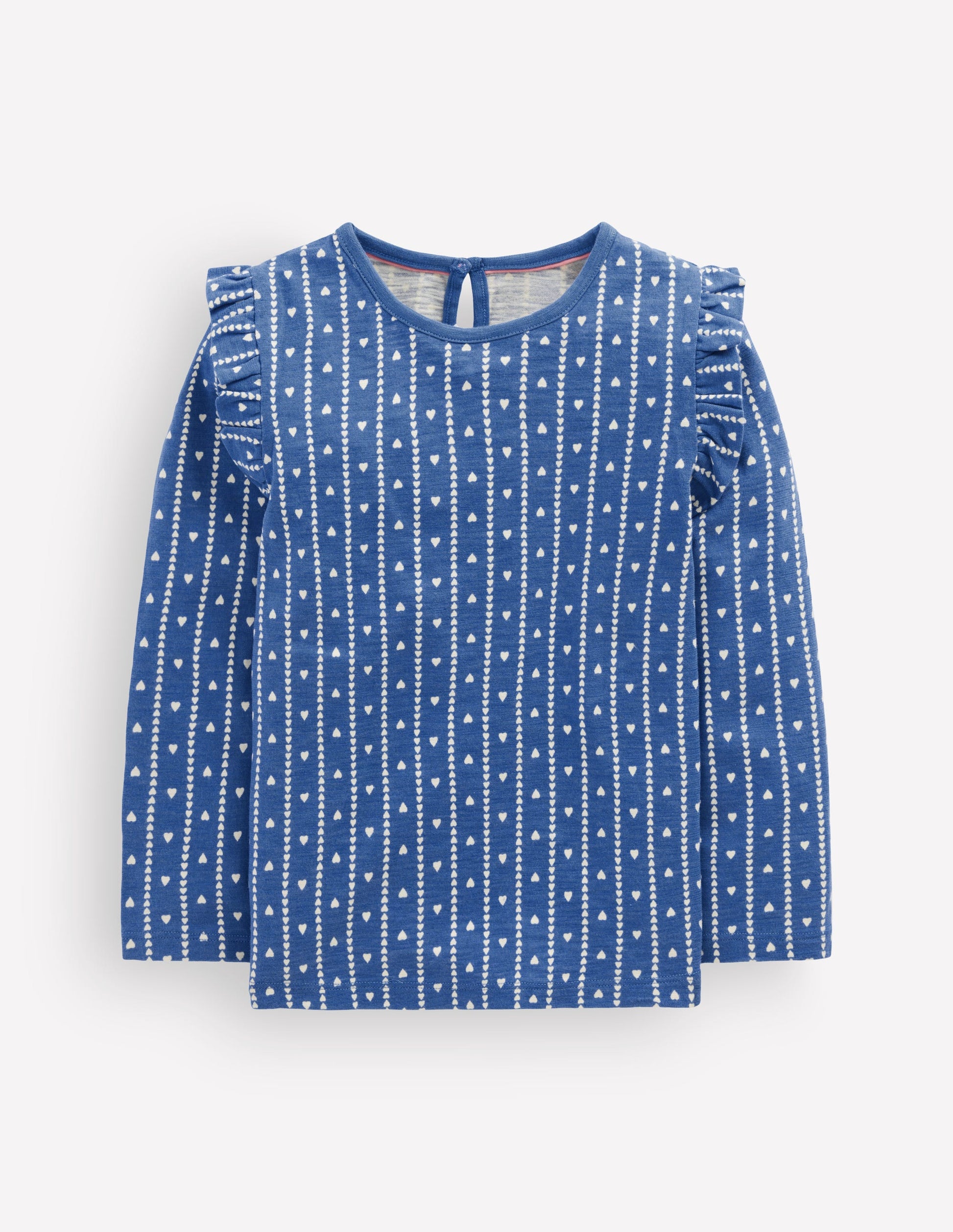 Frill Sleeve Slub Top-Blue Linear Hearts-1