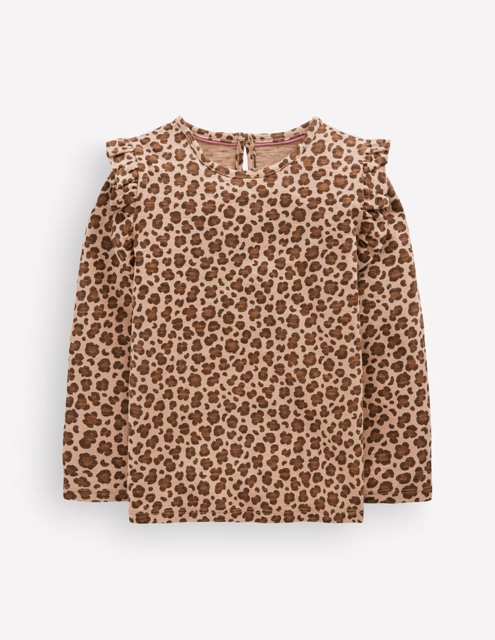 Frill Sleeve Slub Top-Milk Chocolate Brown Leopard