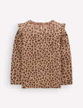 Frill Sleeve Slub Top-Milk Chocolate Brown Leopard