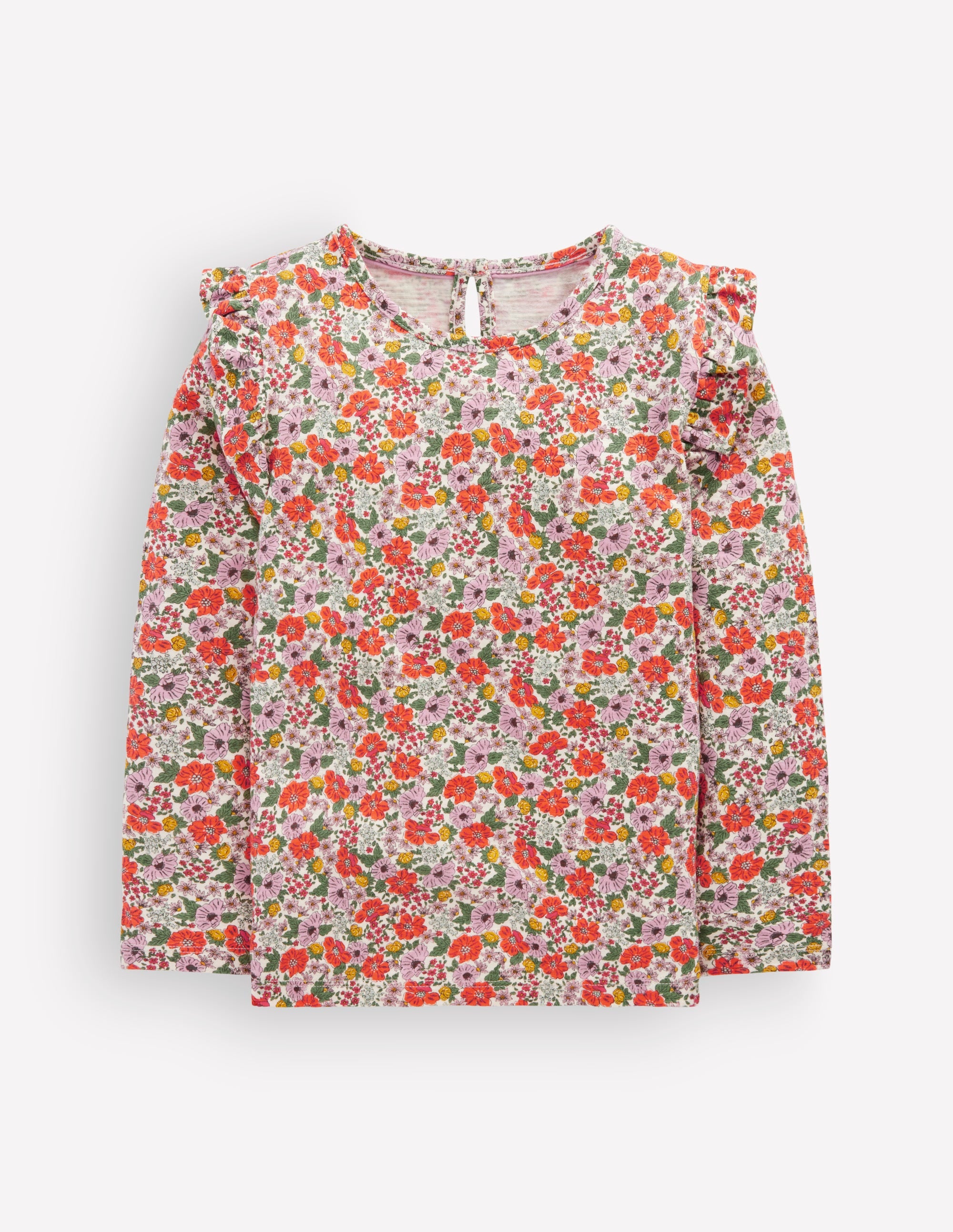Frill Sleeve Slub Top-Soft Cream Garden Flowerbed - Image 1