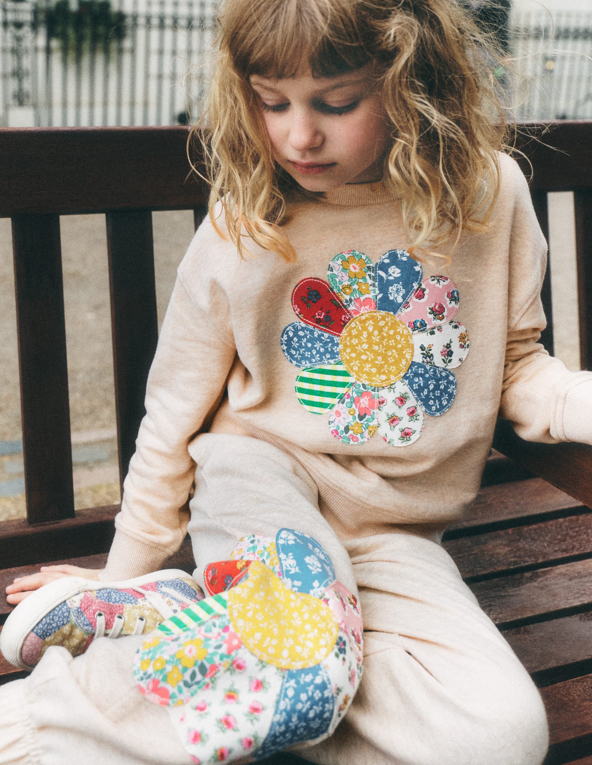 Appliqué Cuffed Joggers-Oatmeal Patchwork Flower - Image 2