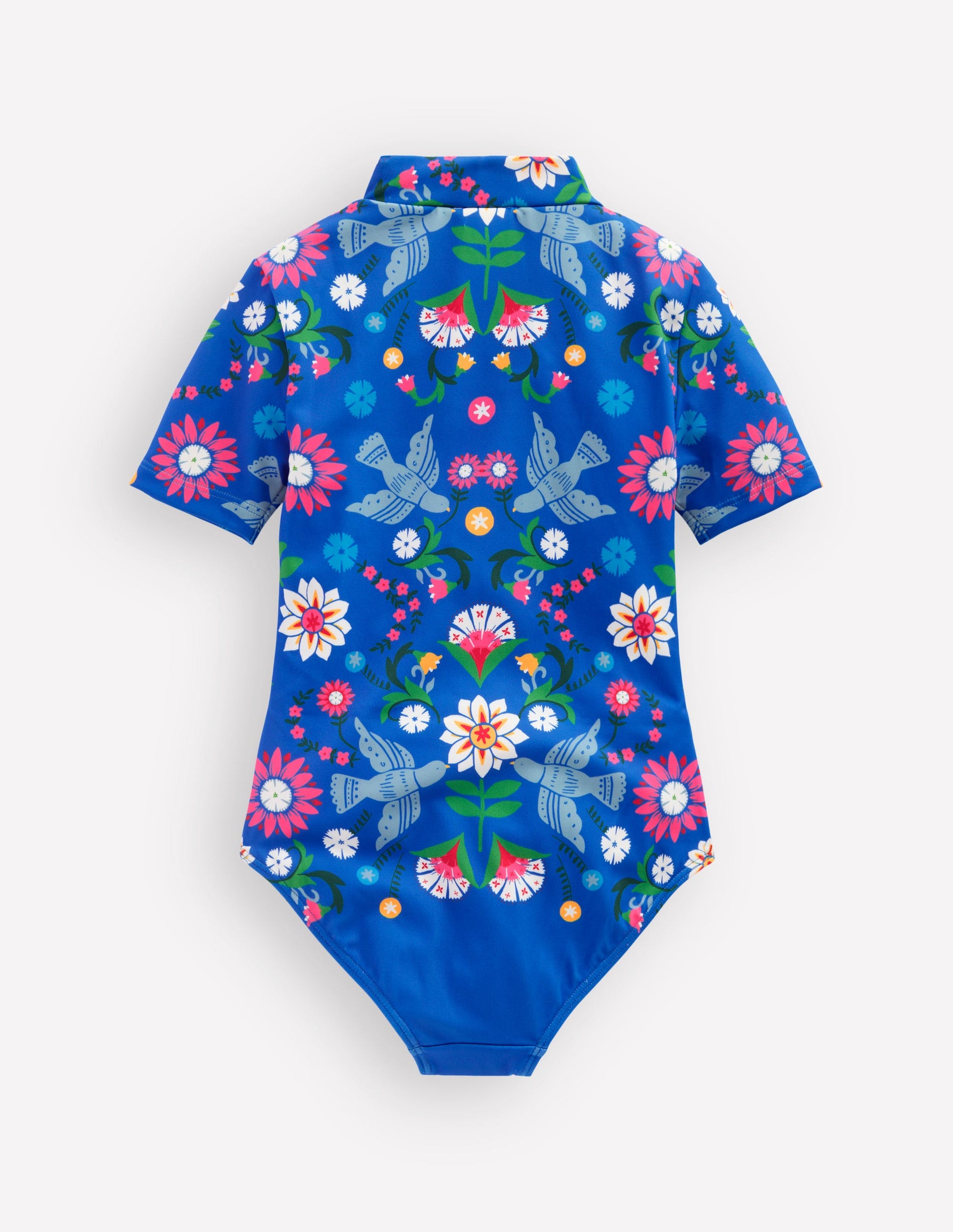 Short-sleeved Swimsuit-Kingfisher Blue Bird Floral-2