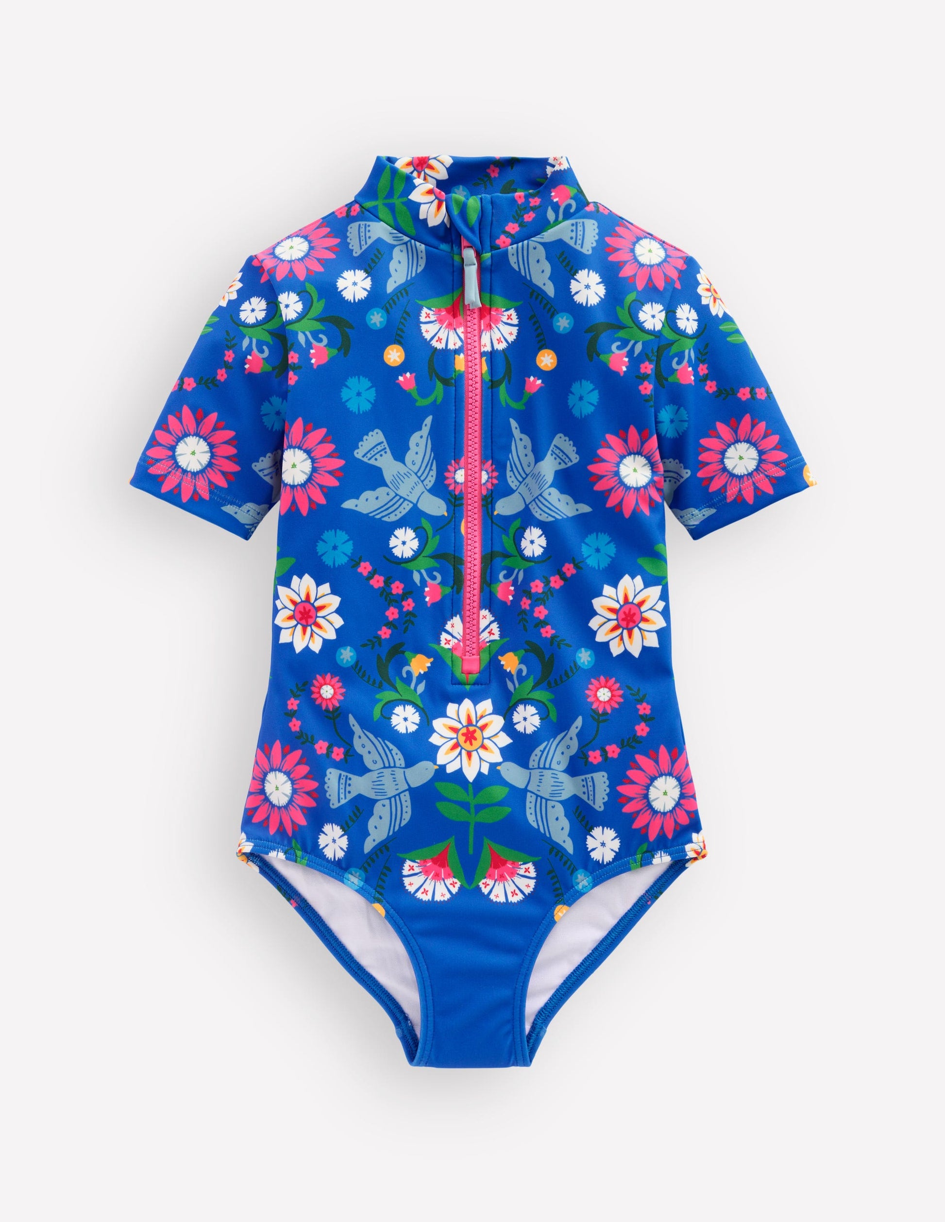 Short-sleeved Swimsuit-Kingfisher Blue Bird Floral-1