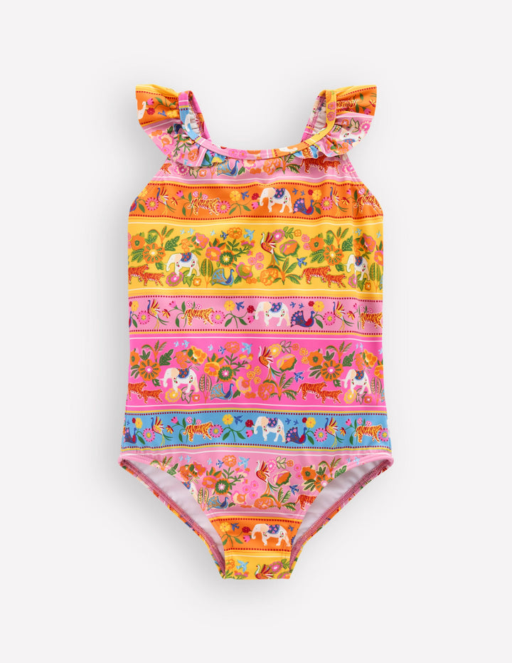 Hallie Frill Strap Swimsuit-Multi Tropical Animals Stripe
