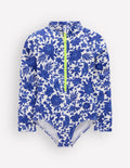 Long-sleeved Swimsuit-Bright Blue Jungle Woodblock