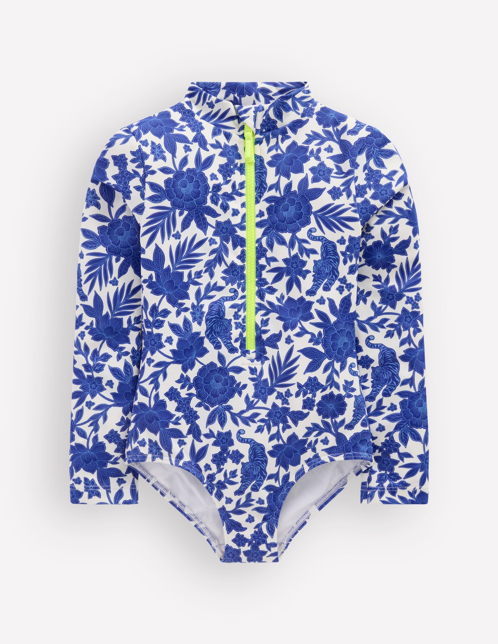 Long-sleeved Swimsuit-Bright Blue Jungle Woodblock - Image 1