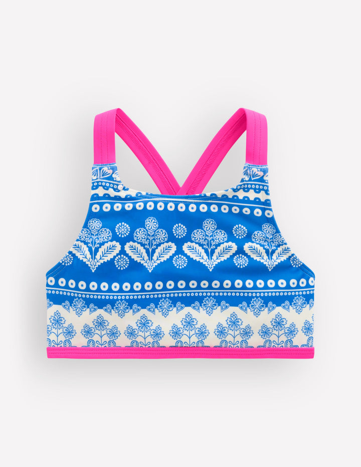 Cross-back Bikini Top-Azure Blue Woodblock