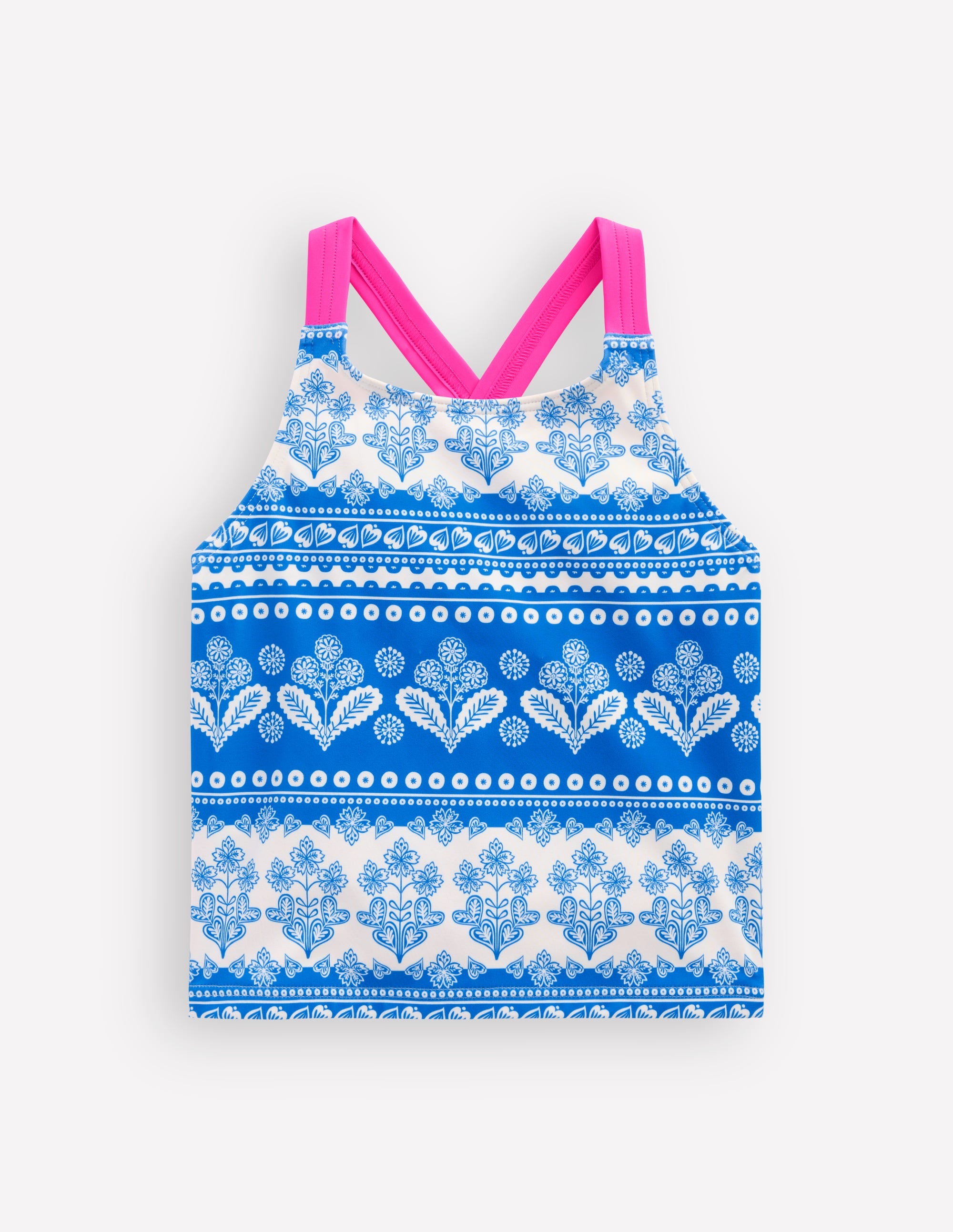 Cross-Back Tankini Top-Azure Blue Woodblock - Image 1