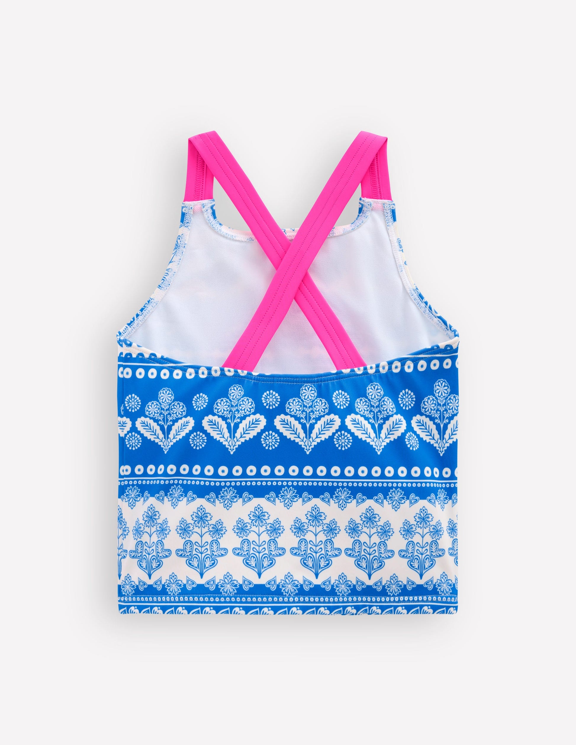 Cross-Back Tankini Top-Azure Blue Woodblock-2