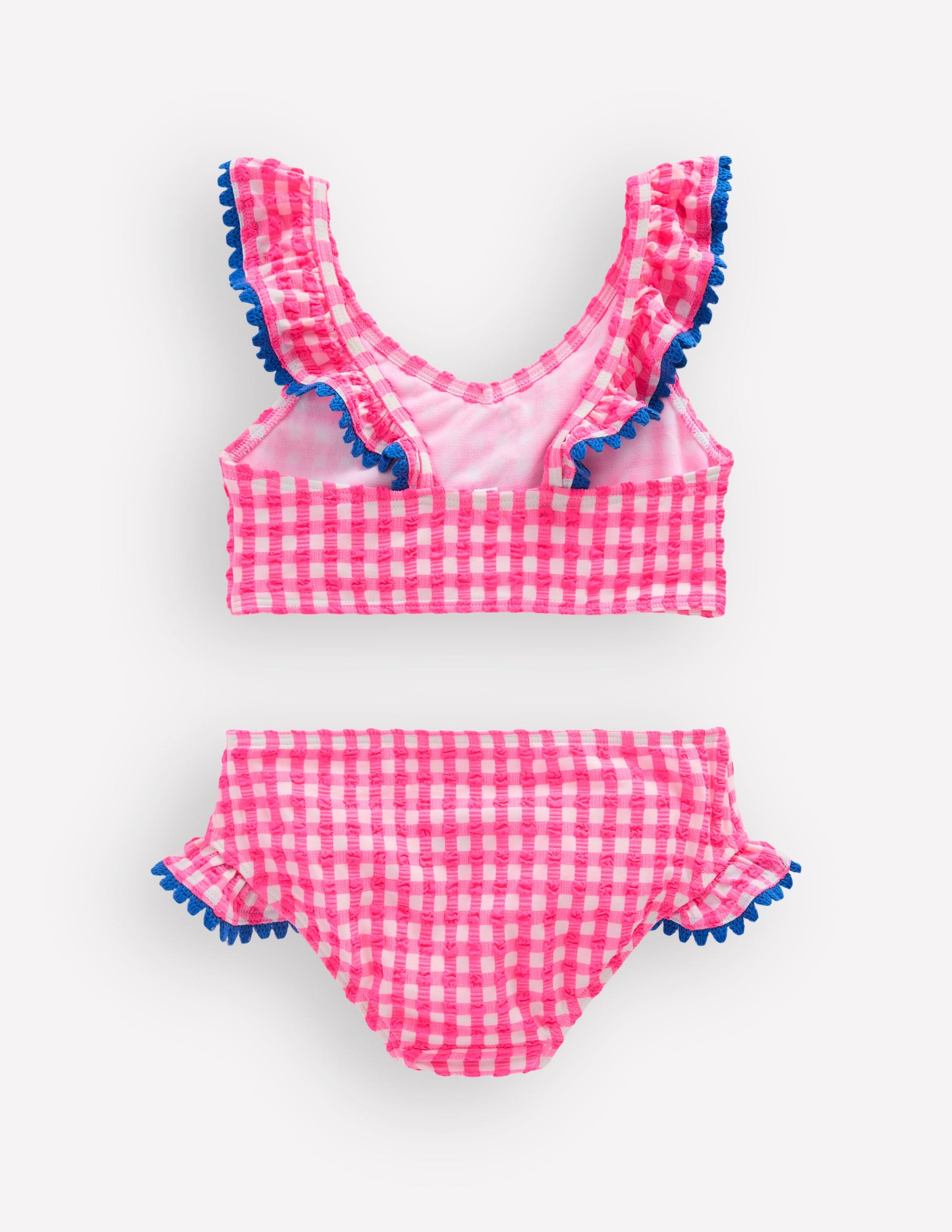 Frill V-neck Bikini Set-Neon Pink Gingham-2