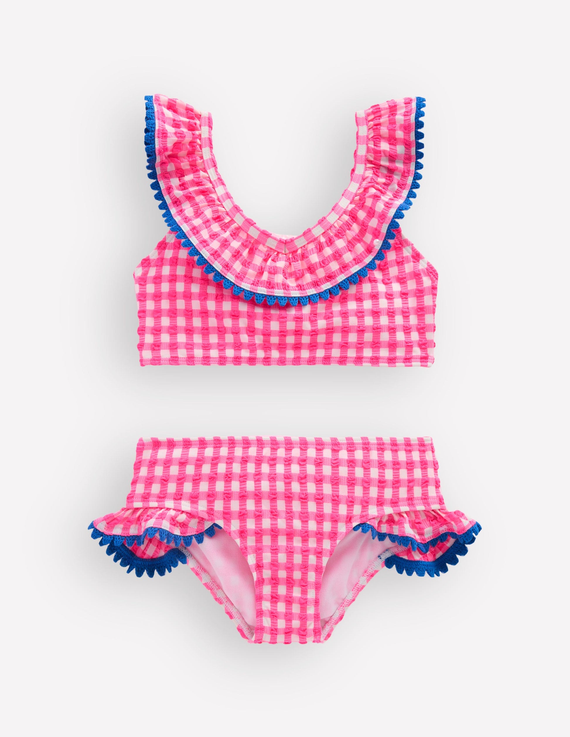 Frill V-neck Bikini Set-Neon Pink Gingham-1