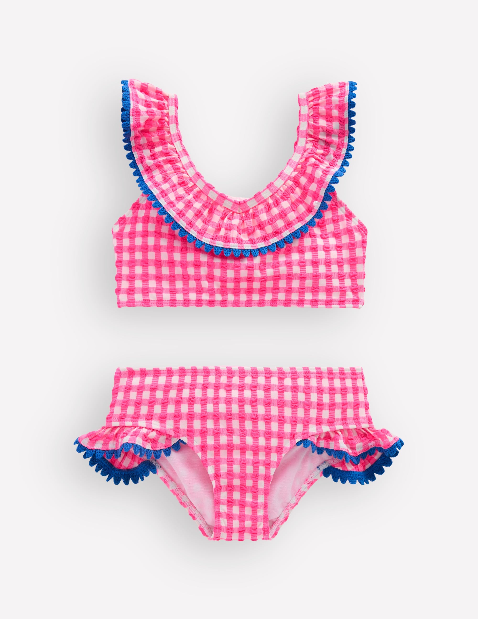 Frill V-neck Bikini Set-Neon Pink Gingham - Image 1