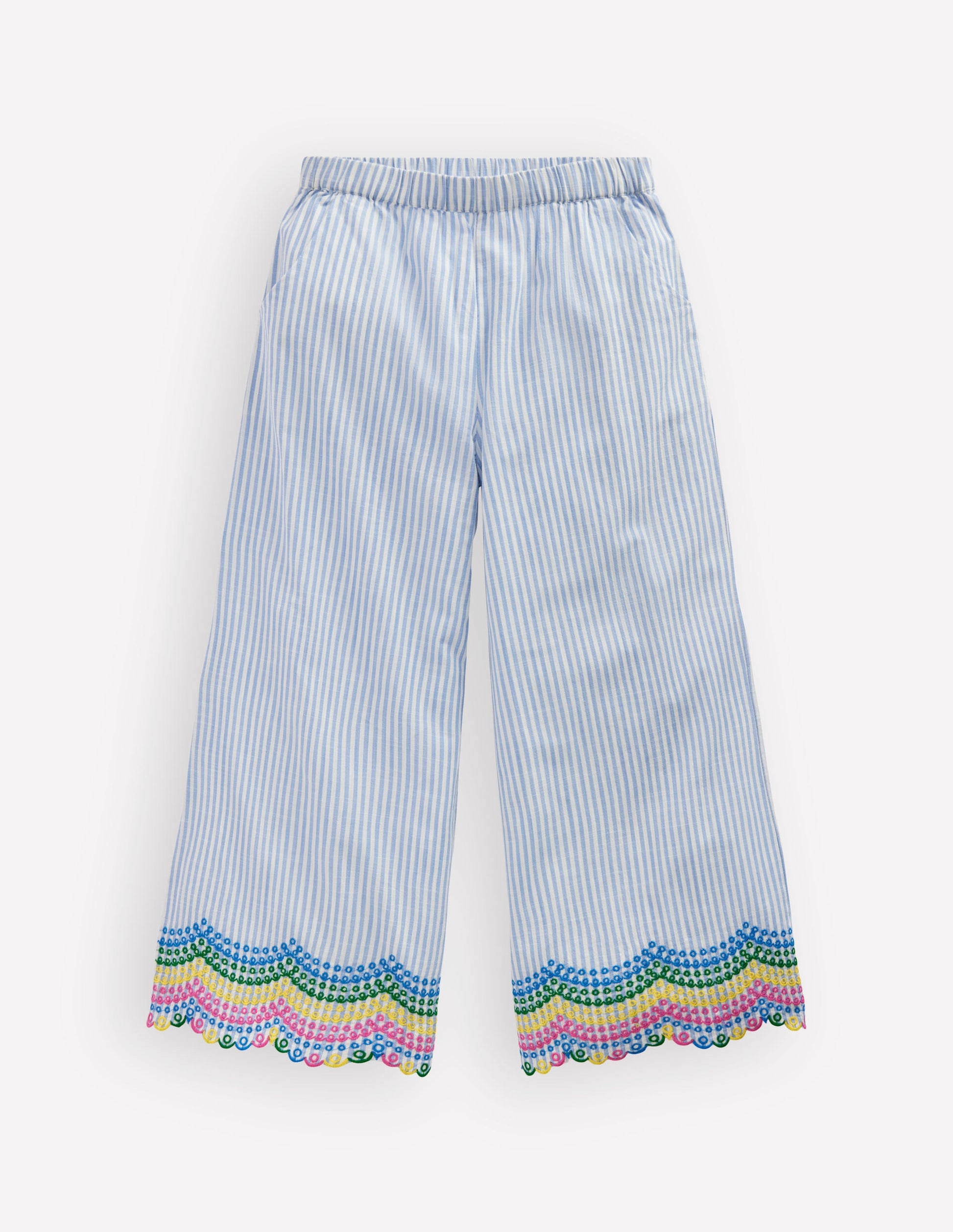 Scallop Hem Trousers-Blue Ticking Rainbow-2
