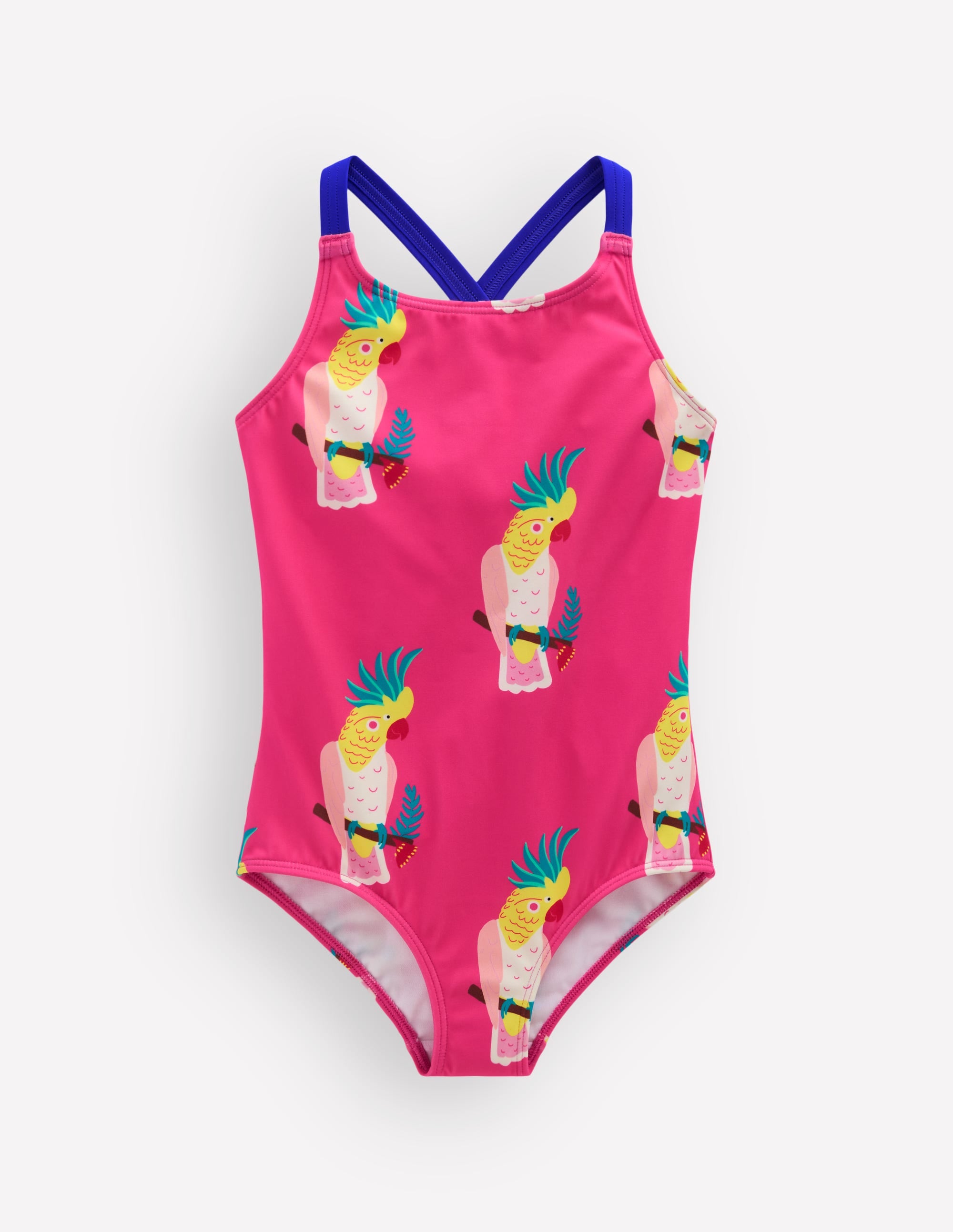 Cross-Back Printed Swimsuit-Pink Tropical Bird - Image 1