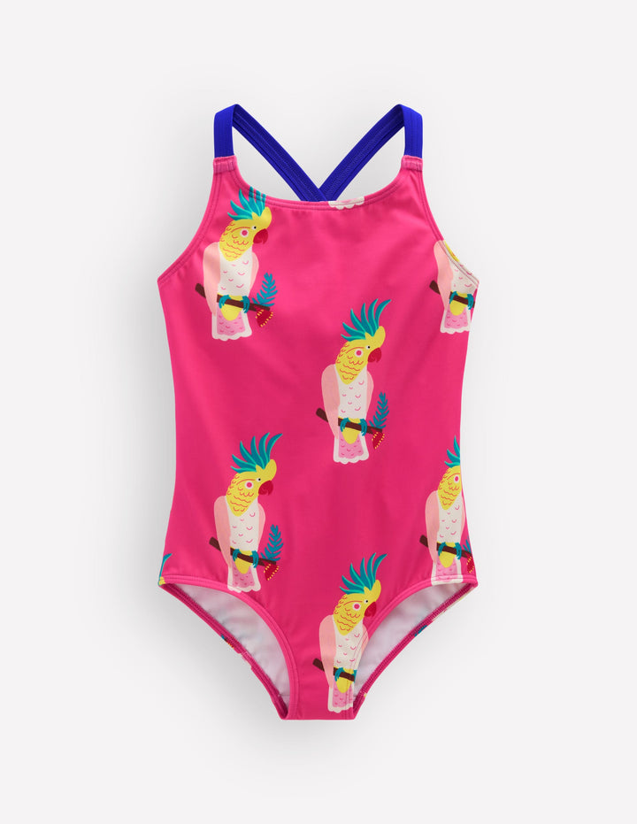 Cross-Back Printed Swimsuit-Pink Tropical Bird