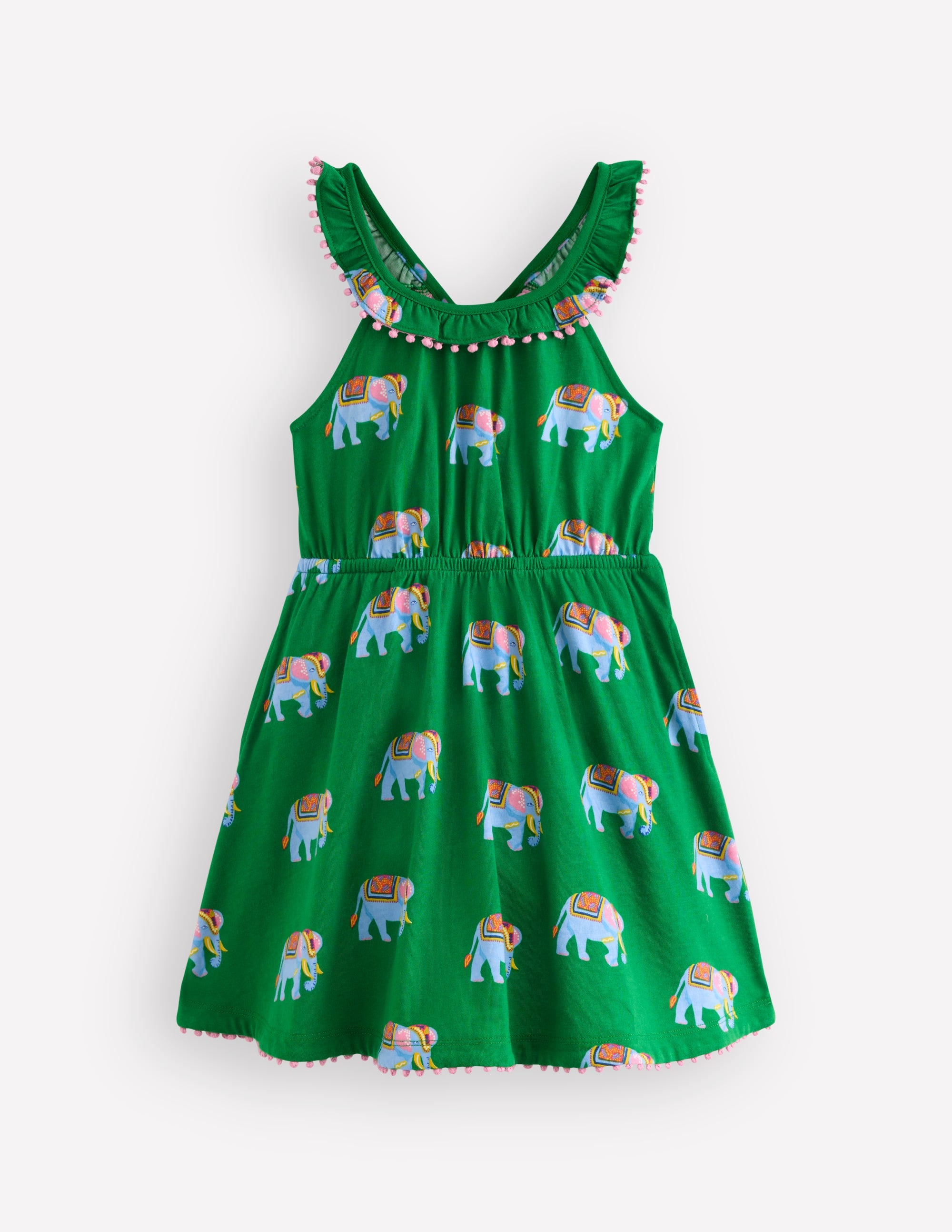 Ruffle Neck Trim Dress-Highland Green Elephants - Image 2