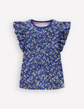 Frill Sleeve Printed Top-Blue Ditsy Floral