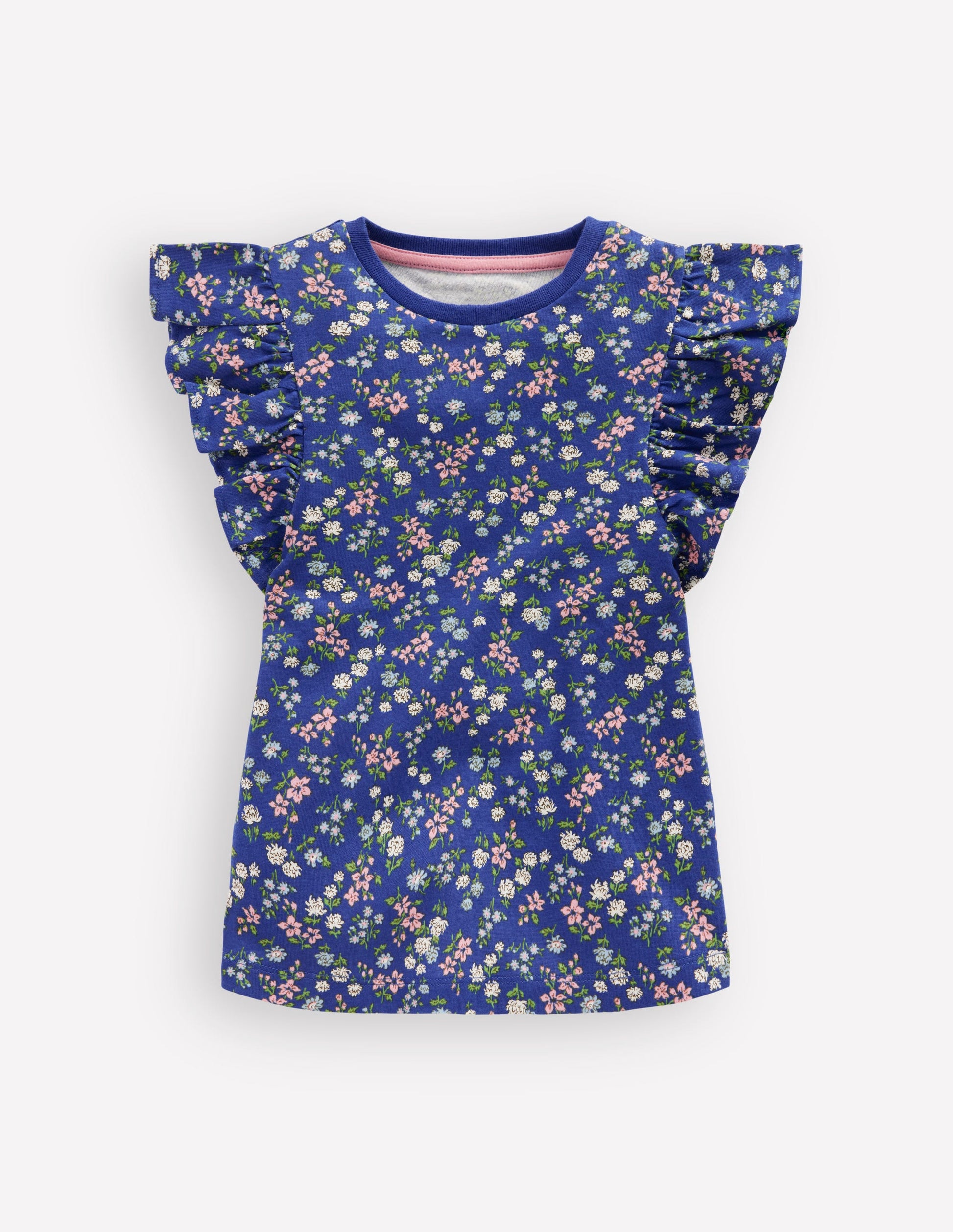 Frill Sleeve Printed Top-Blue Ditsy Floral-1