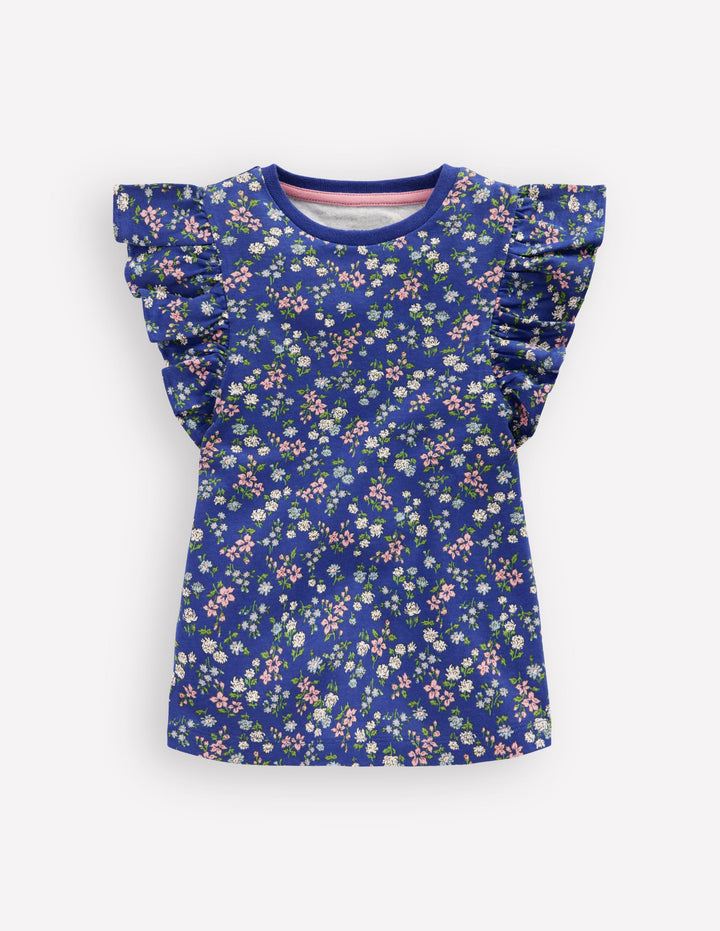 Frill Sleeve Printed Top-Blue Ditsy Floral