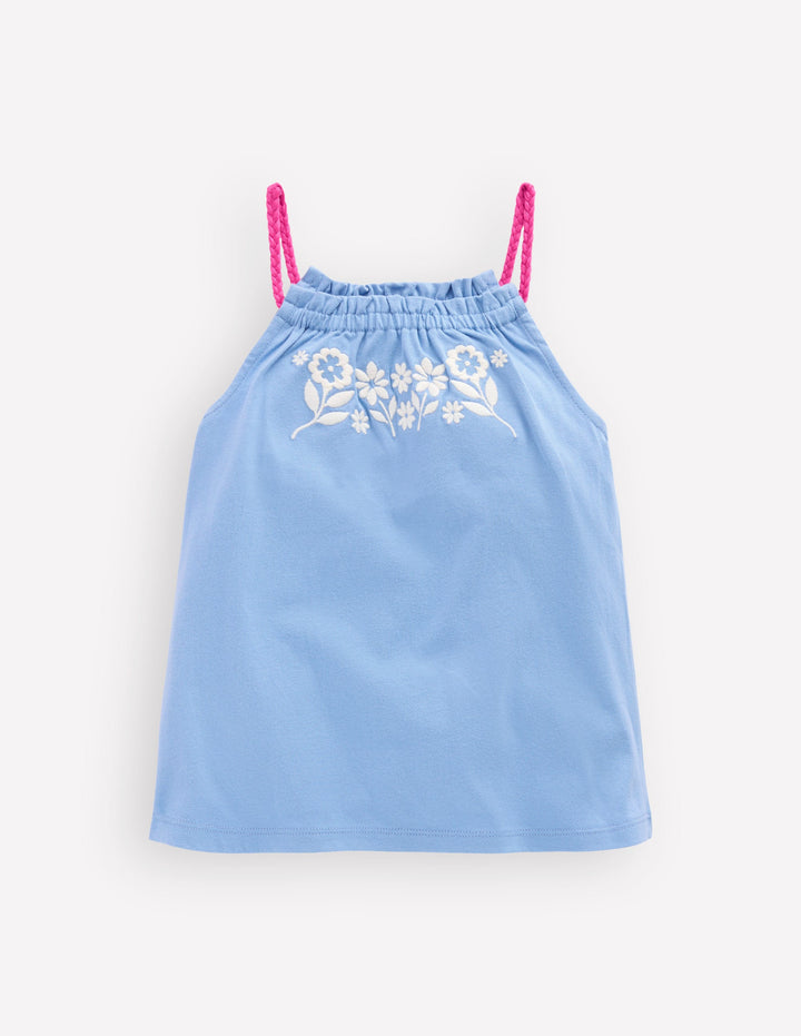Plaited Strap Embroidered Vest-Forget Me Not Blue