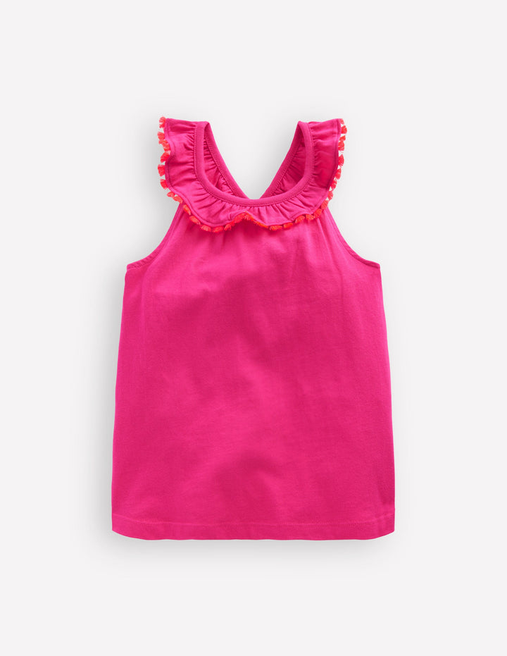 Ruffle Neck Trim Top-Brillant Pink