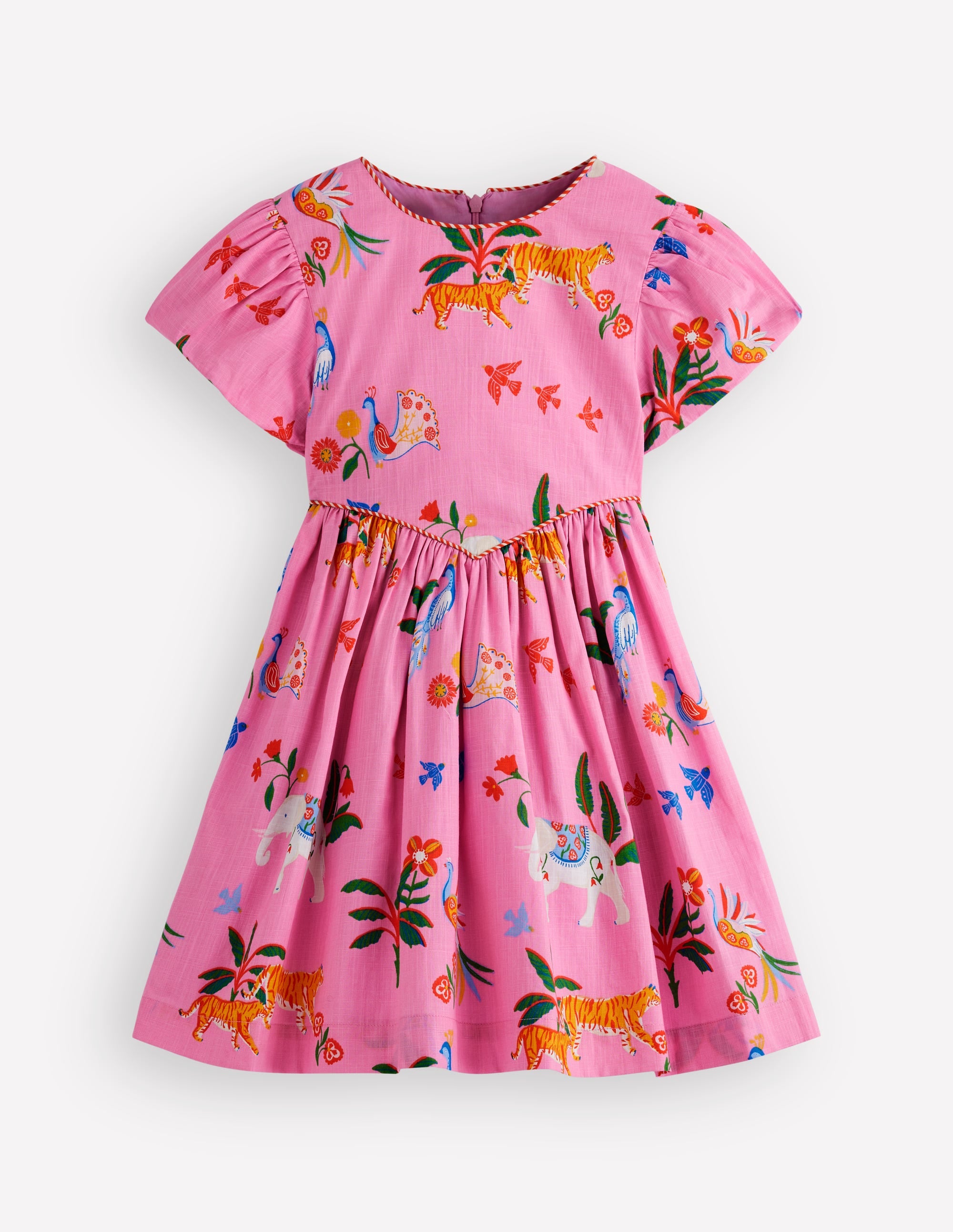 V-waist Woven Dress-Formica Pink Tropical Animals - Image 1