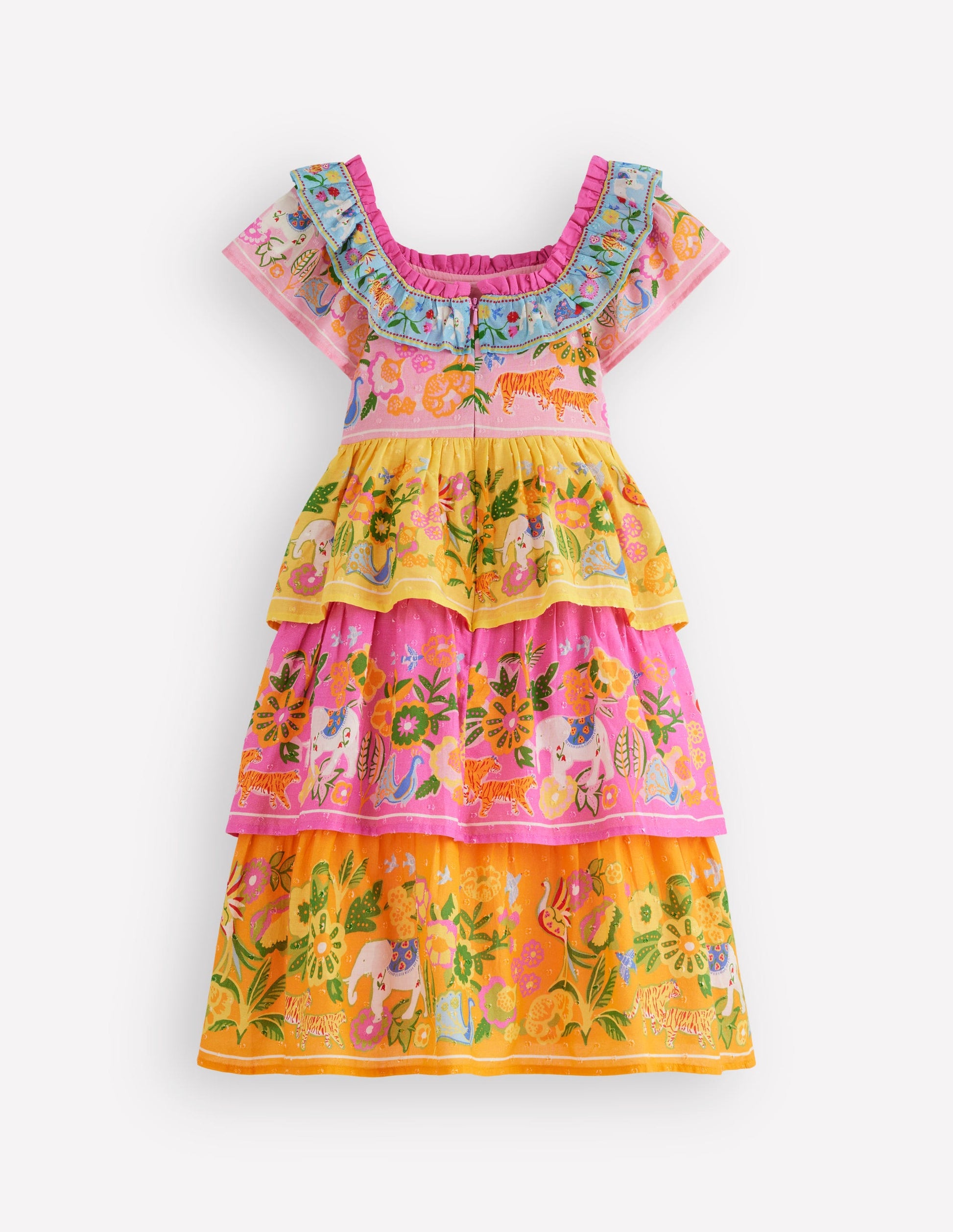 Tiered Ruffle Woven Dress-Sunflower Yellow Jungle Animal-2